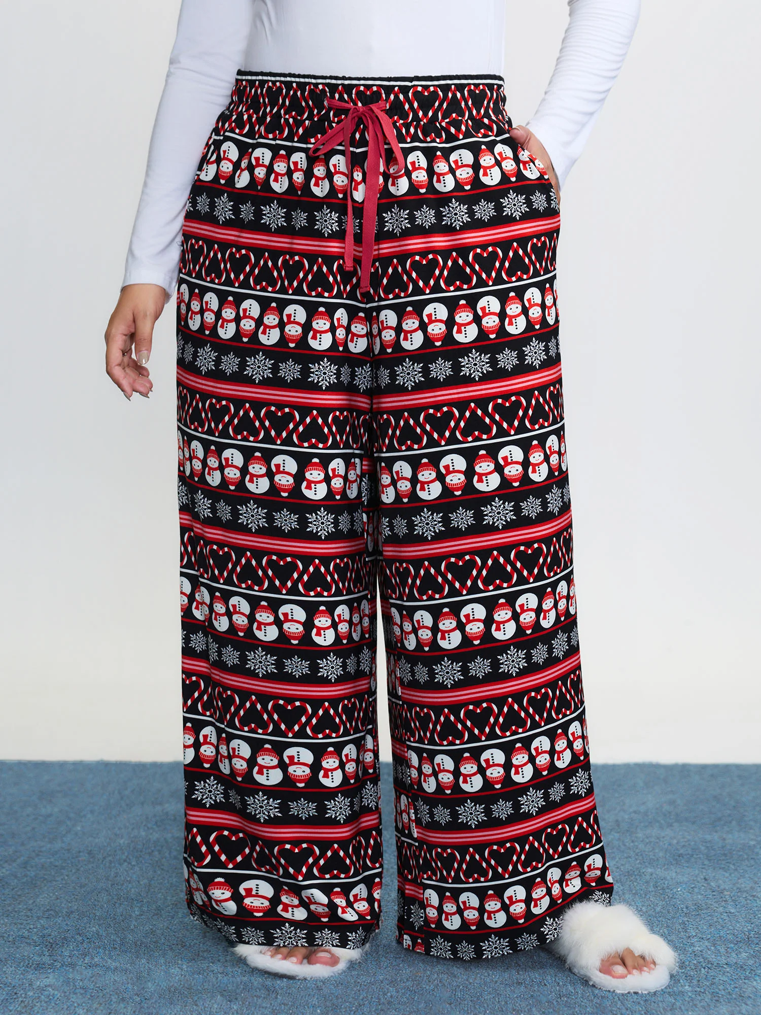 Cute Snowman Pattern Drawstring Lounge Bottoms