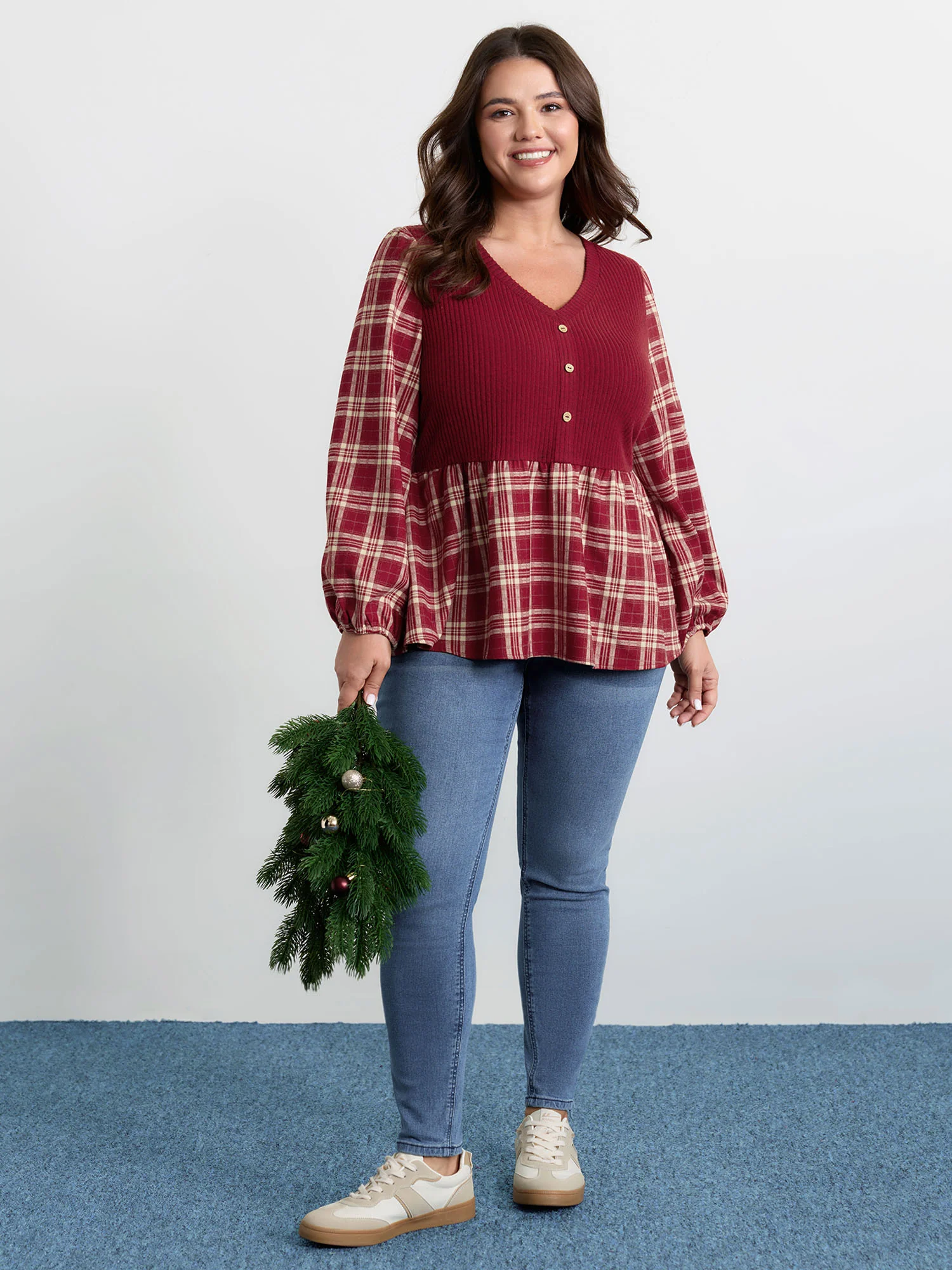 Plaid Layered Color Contrast Blouse