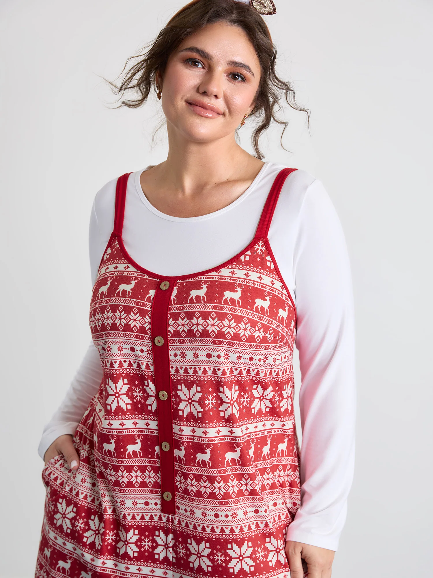 Holiday Pattern Placket Button Jumpsuit