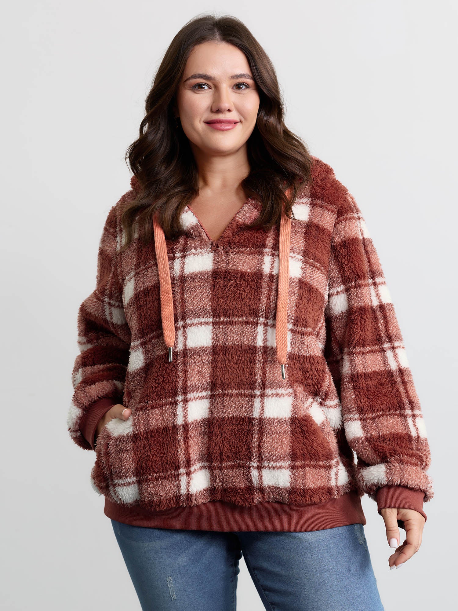 Plaid Plush Slant Pockets Hoodie