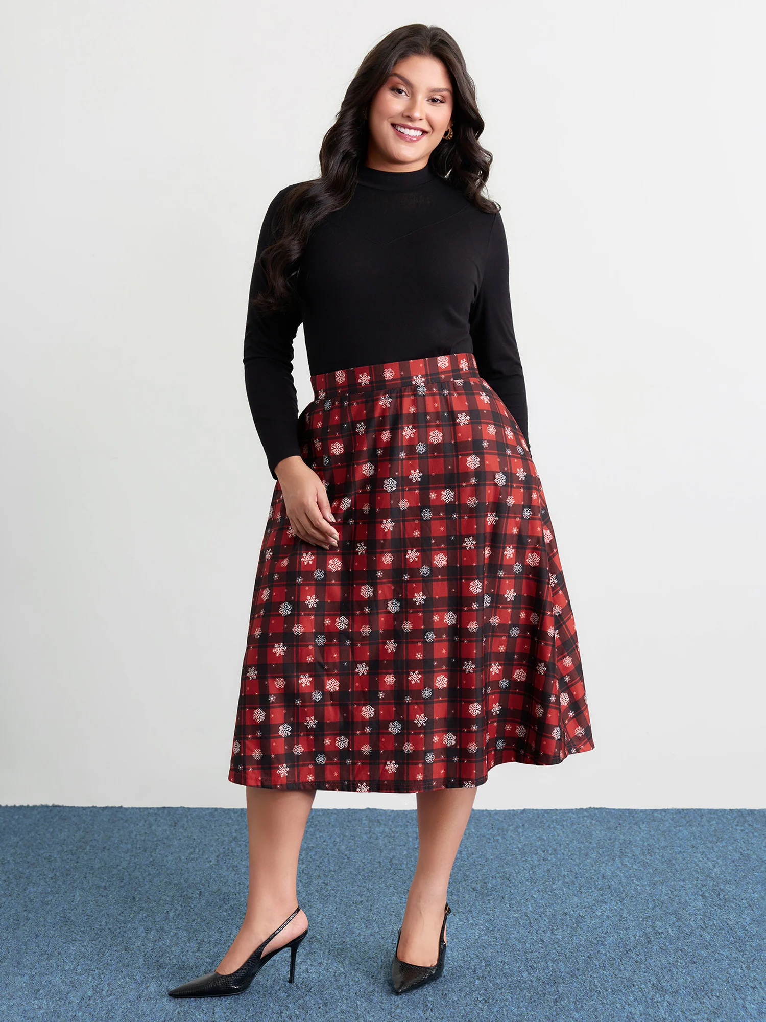Checkered Snowflake Pattern Midi Skirt