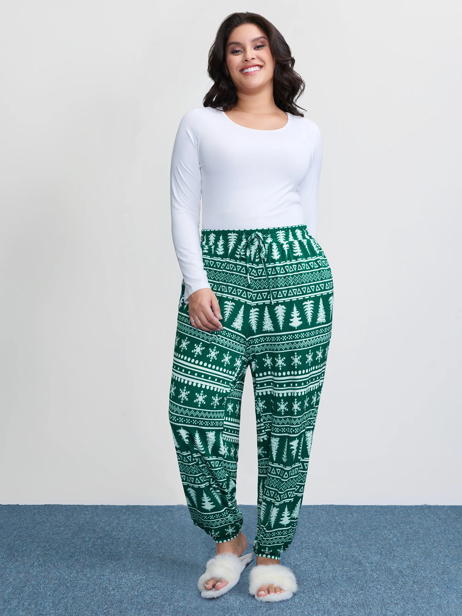 Holiday Print Drawstring Waist Lounge Bottoms