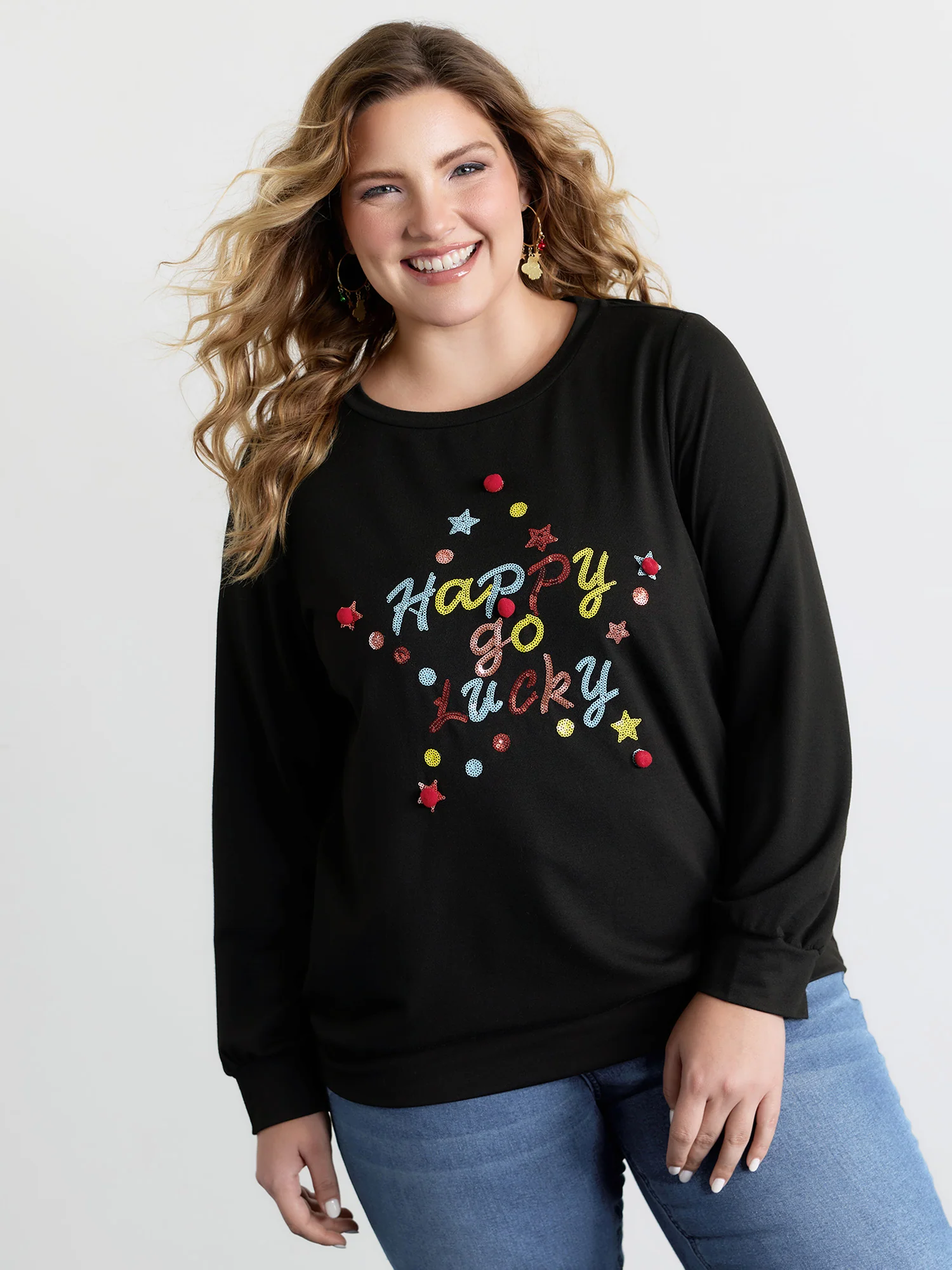 Happy Go Lucky Sequin Embroidery Sweatshirt