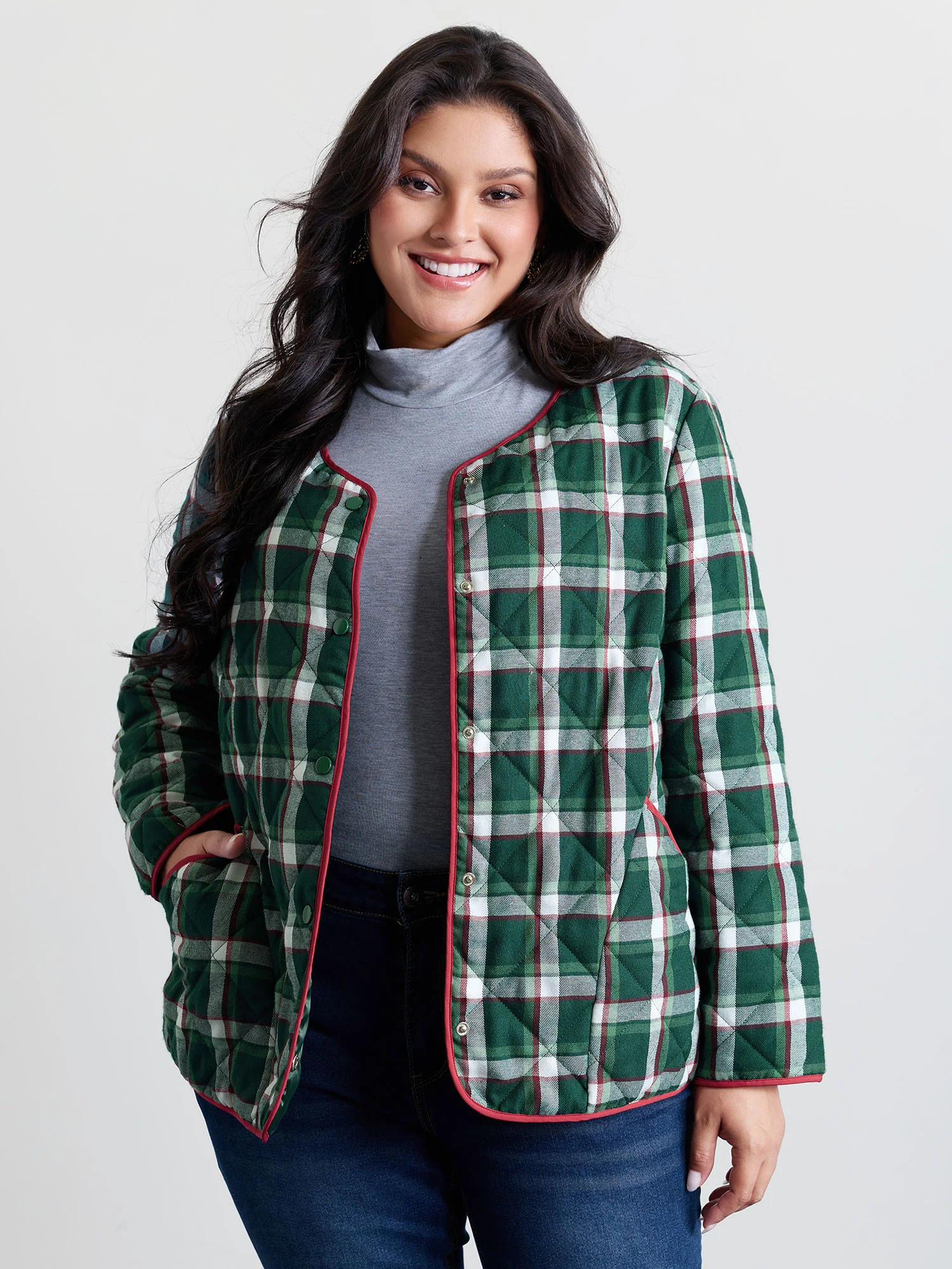 Checkered Pattern Button Quilted Jacket