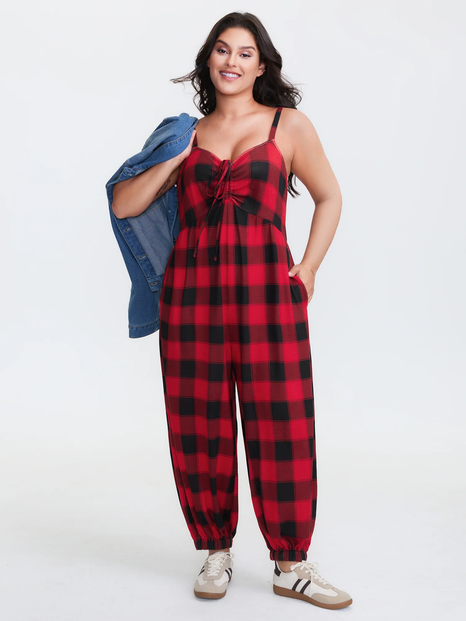 Checkered Shirred Drawstring Pockets Jumpsuit