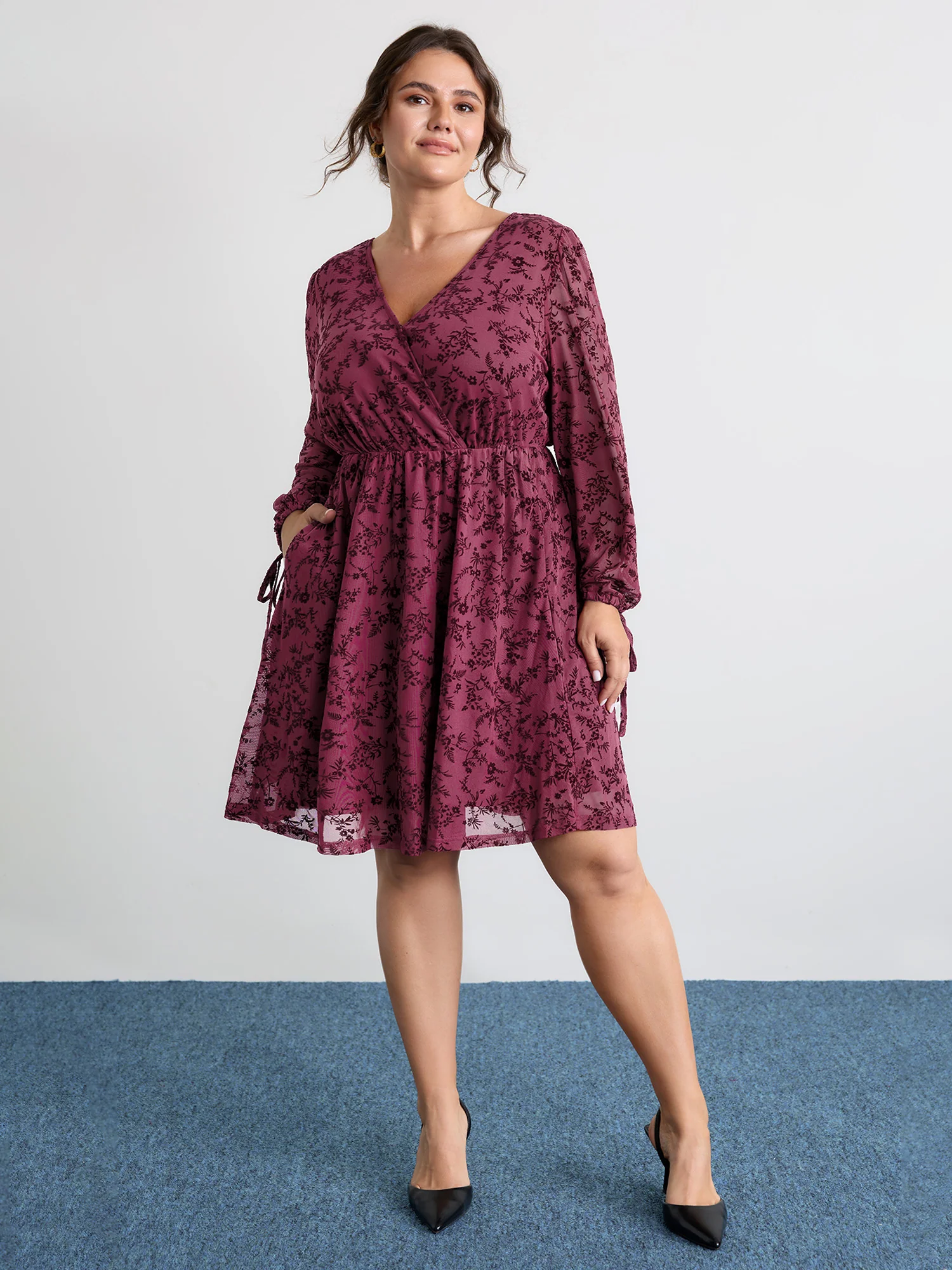 Flocked Wrap Backless Tie Pockets Mini Dress