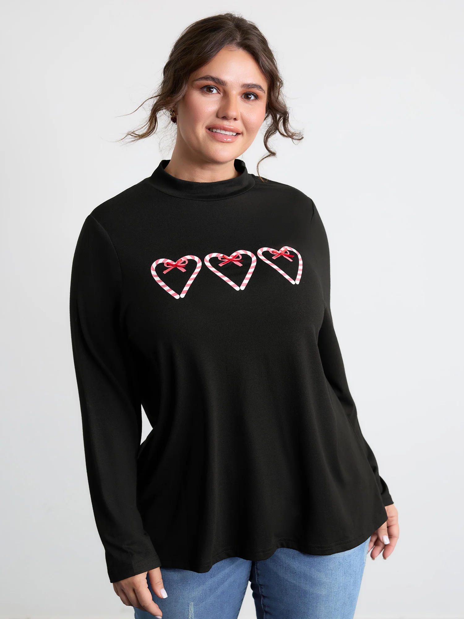 Stretchy Hearts Print Mock Neck T-Shirt