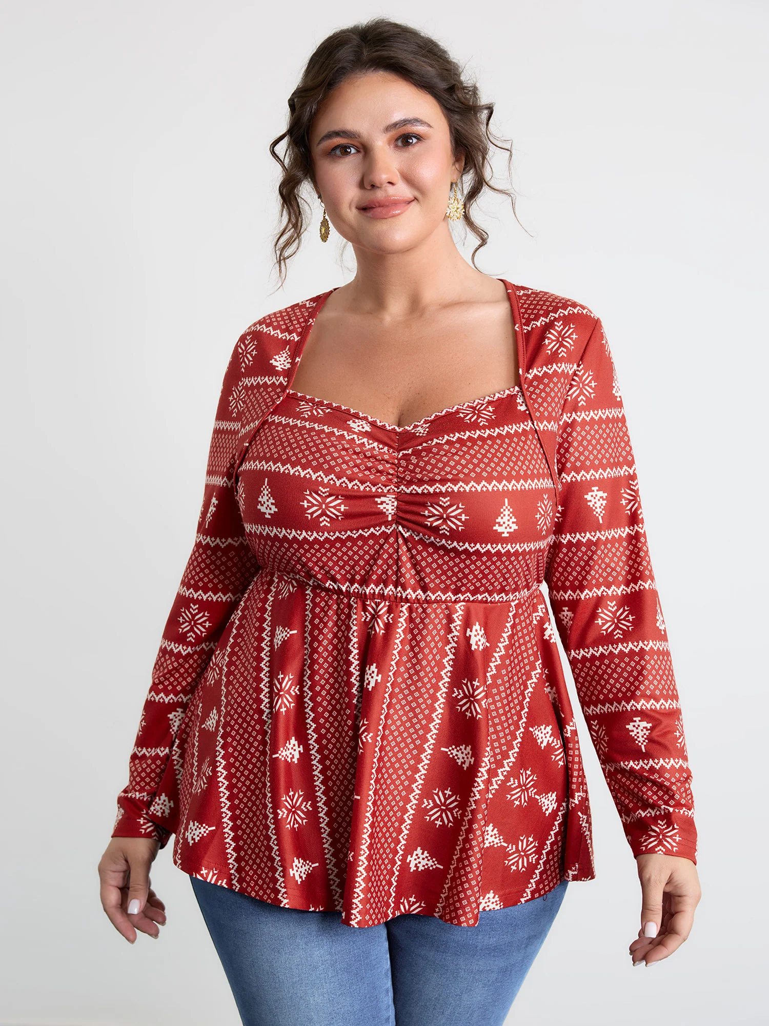 Holiday Pattern Sweetheart Neck Knit Top
