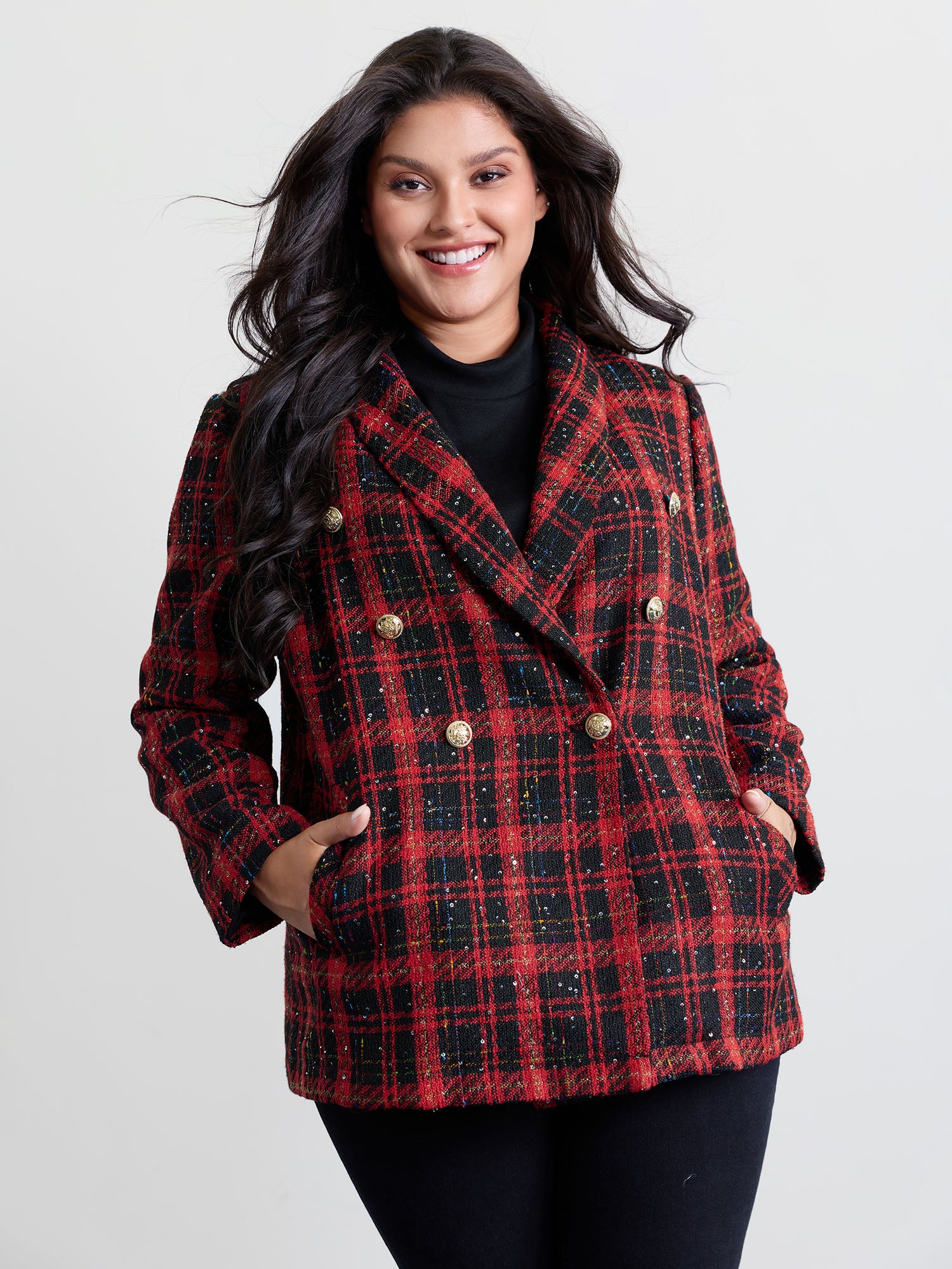 Holiday Plaid Textured Button Blazer