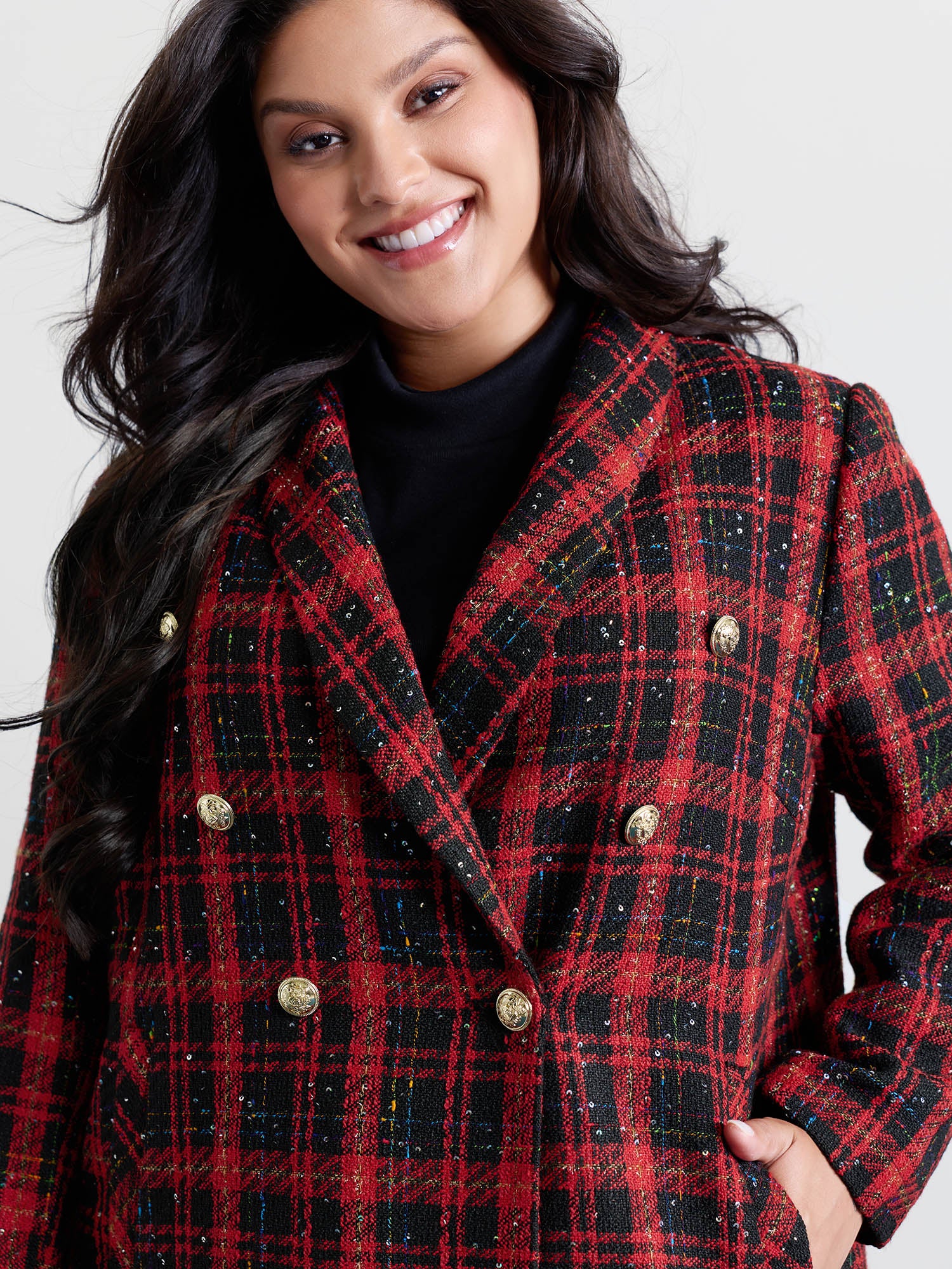 Holiday Plaid Textured Button Blazer