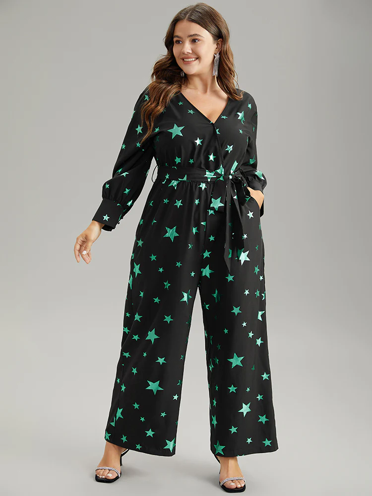 Star Glitter Belted V Neck Jumpsuit