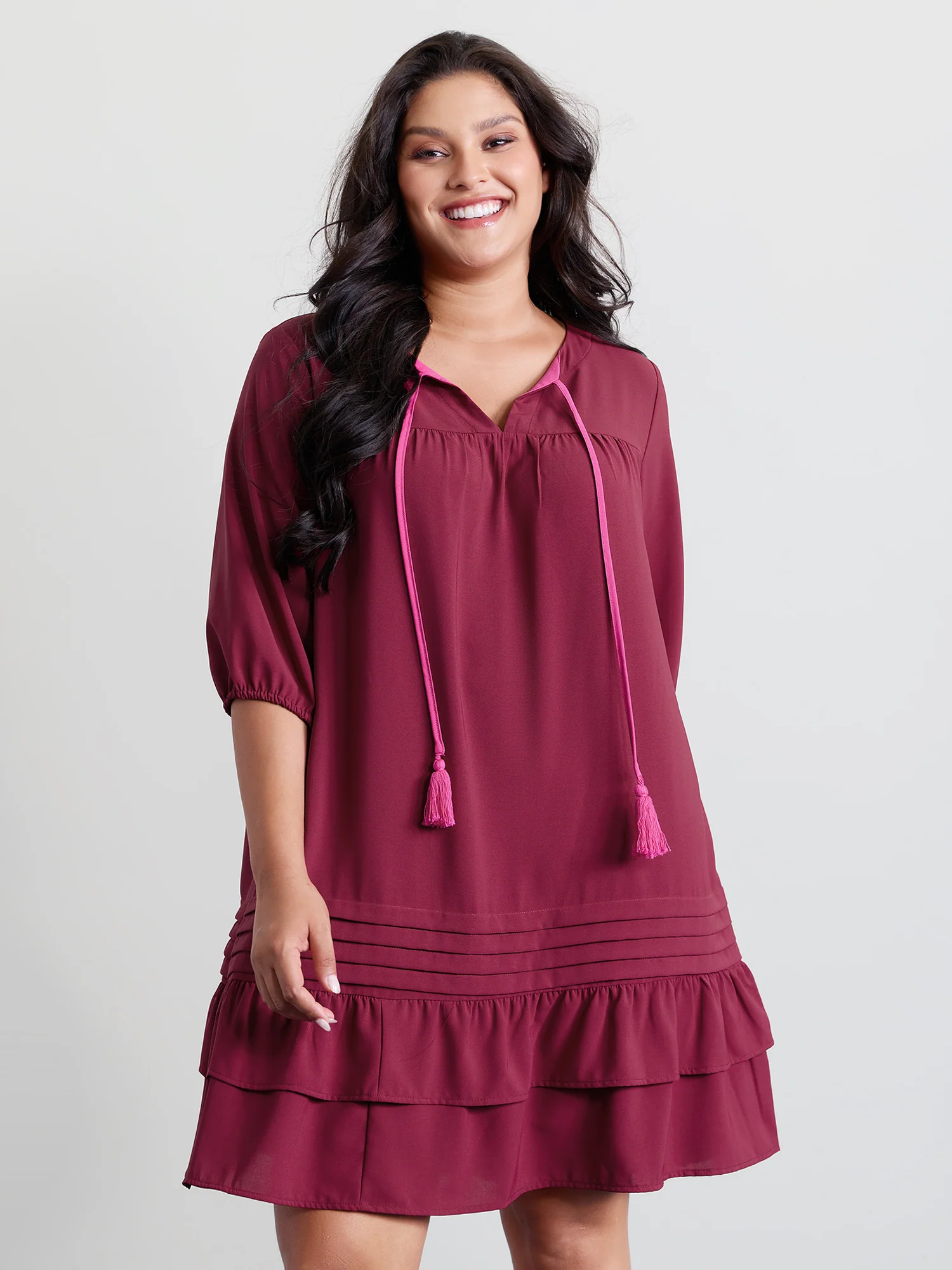 Stretchy Waist Tiered Tie Knee-Length Dress