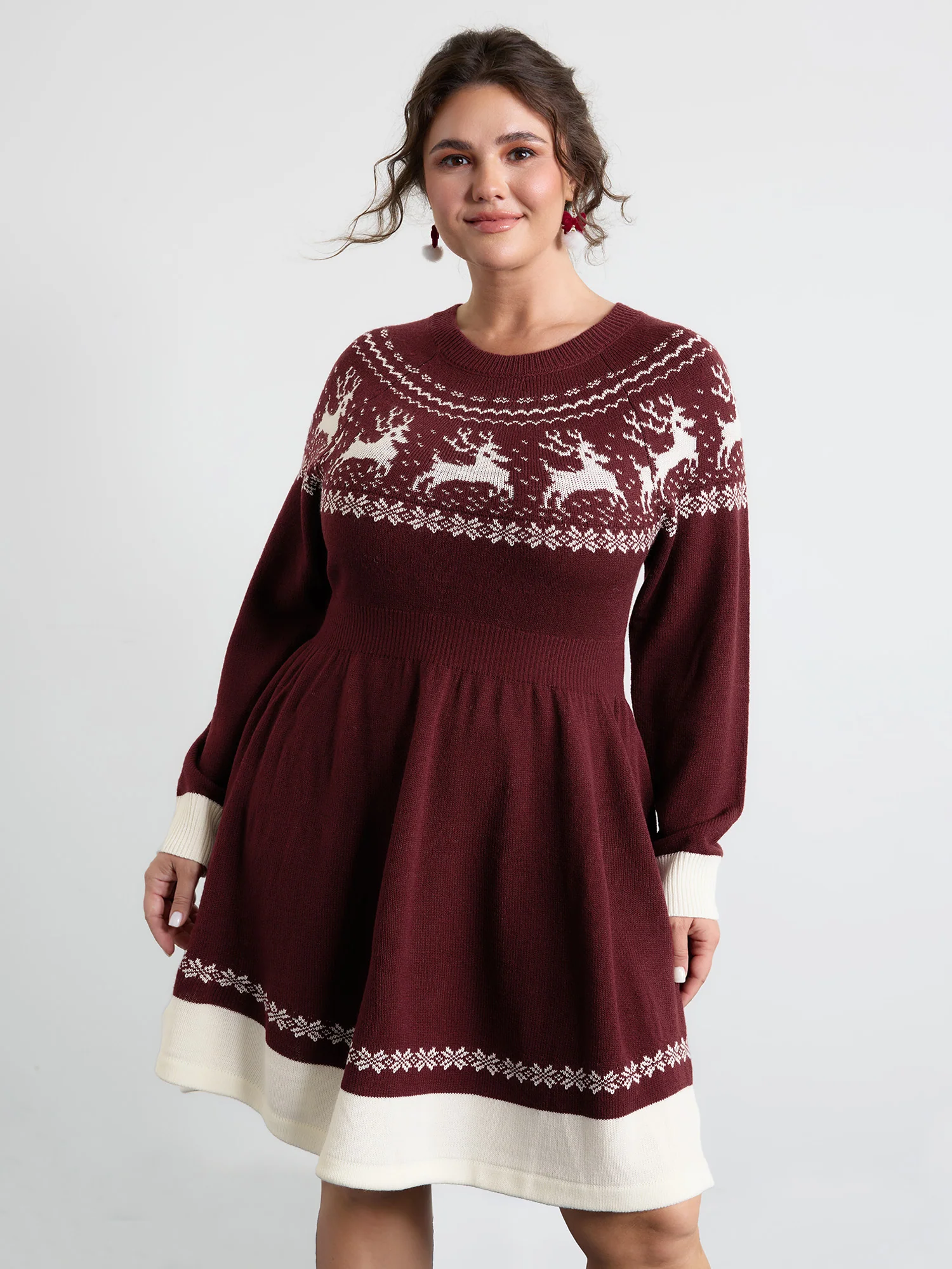 Reindeer Print Cinched-Waist Sweater Midi Dress