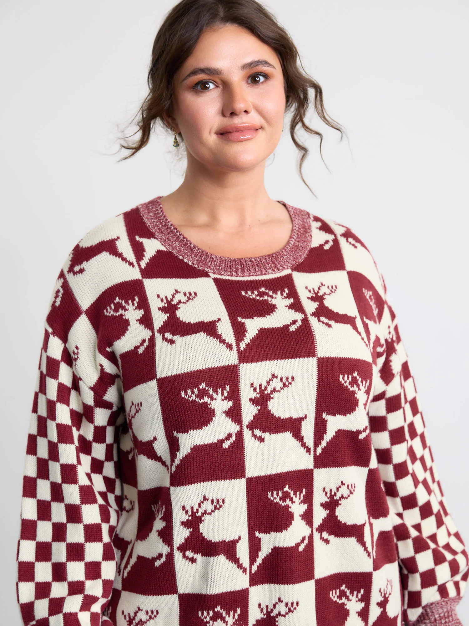 Checkered Colorblock Jacquard Reindeer Pullover