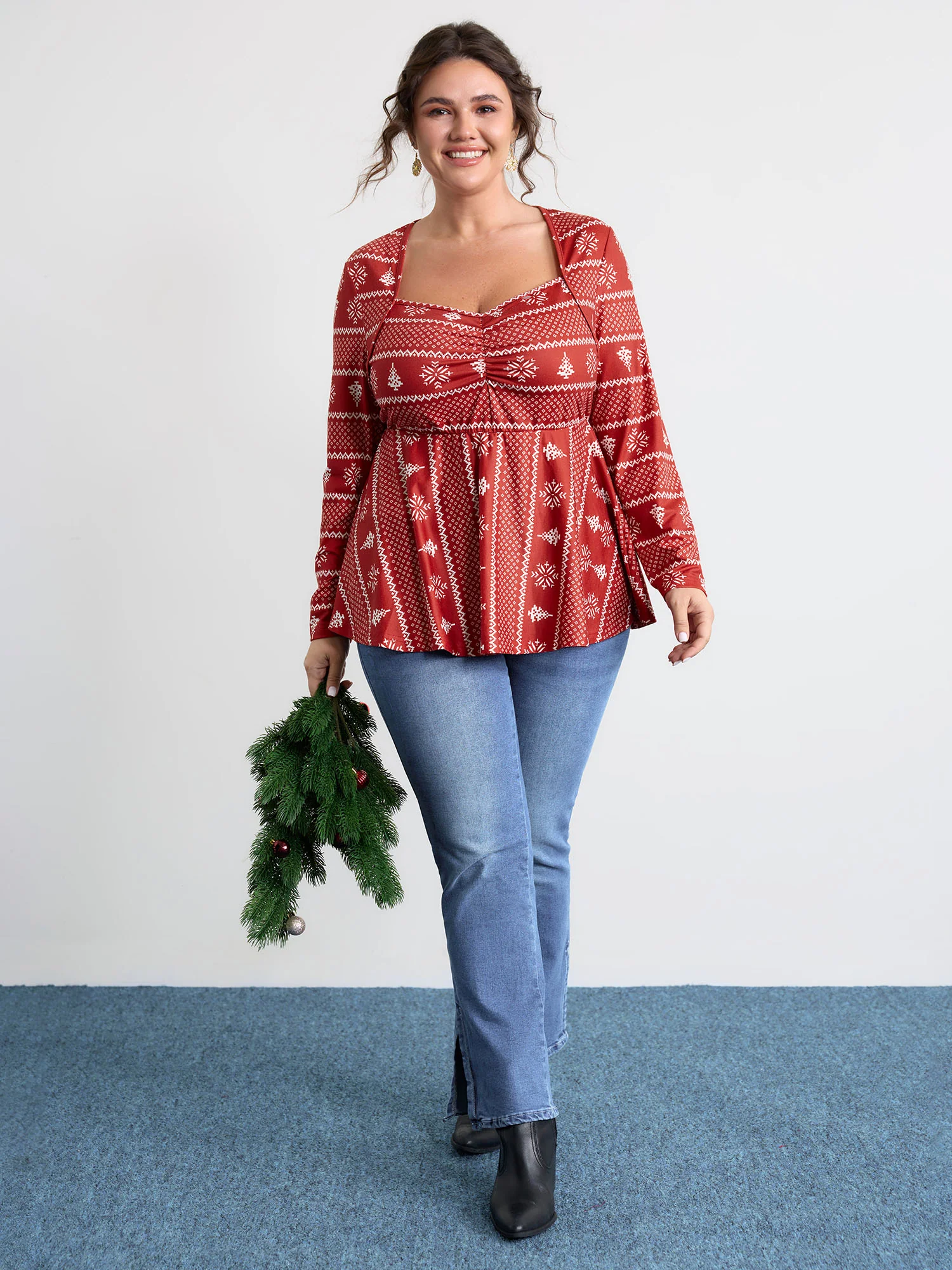 Holiday Pattern Sweetheart Neck Knit Top