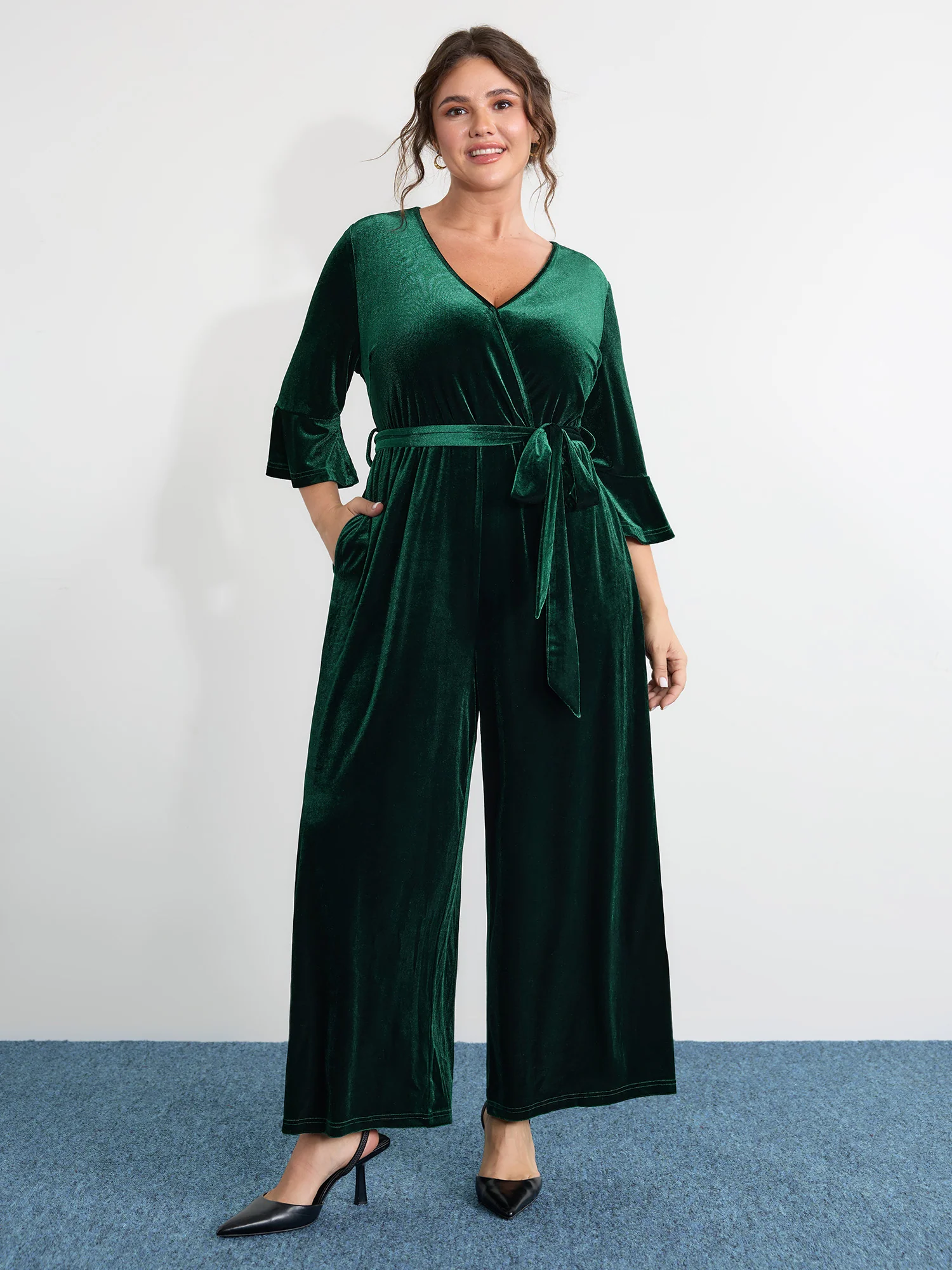 Velvet Belted Wide-Leg Pockets Jumpsuit