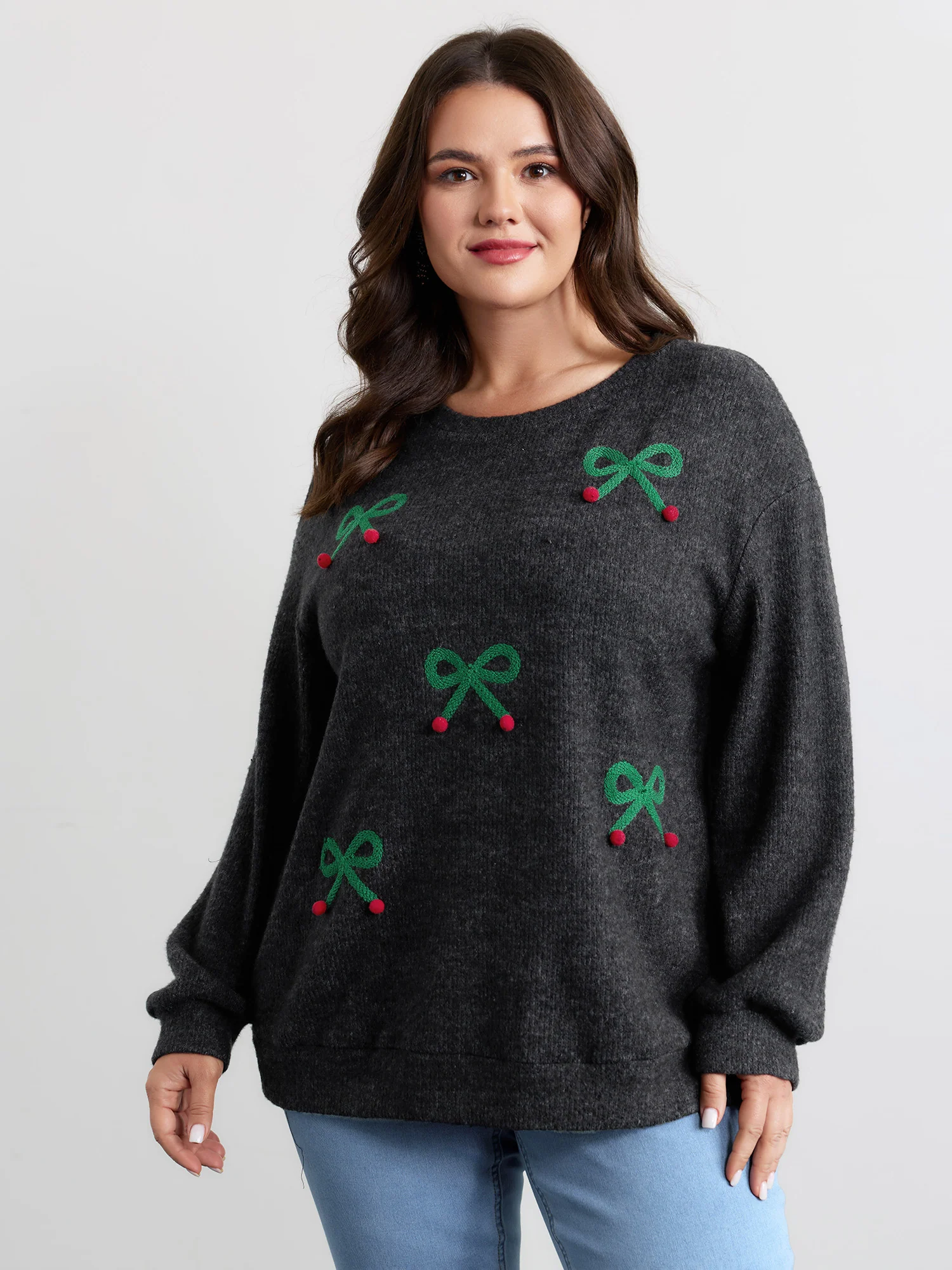 Cherry Cord Embroidery Textured Sweatshirt