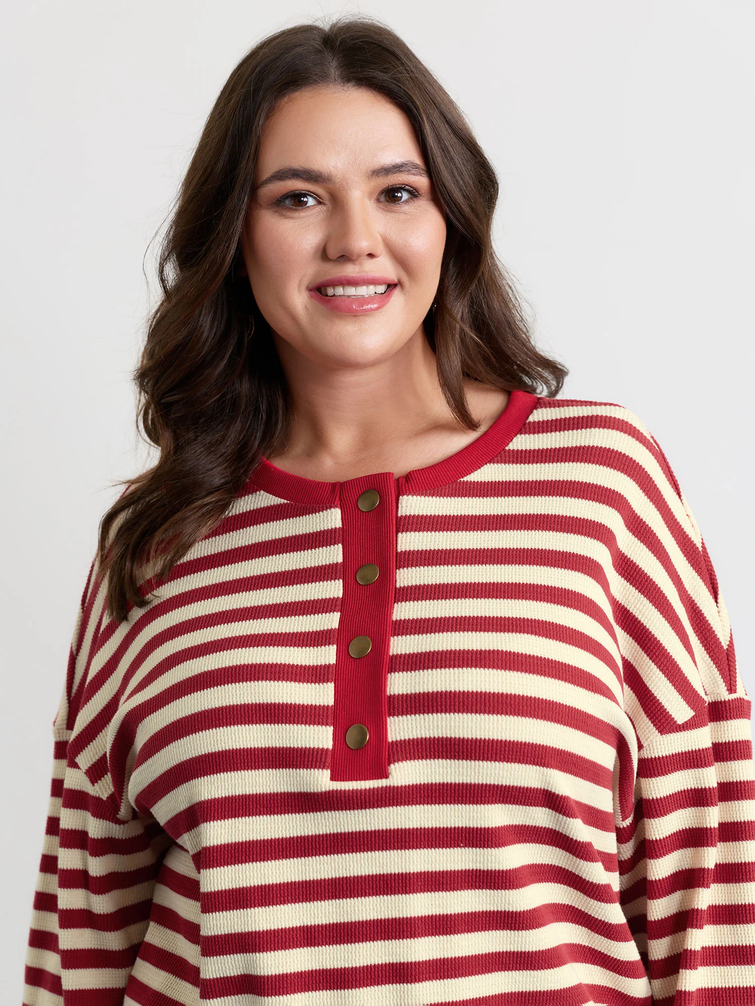 Textured Stripe Button Placket Sweatshirt