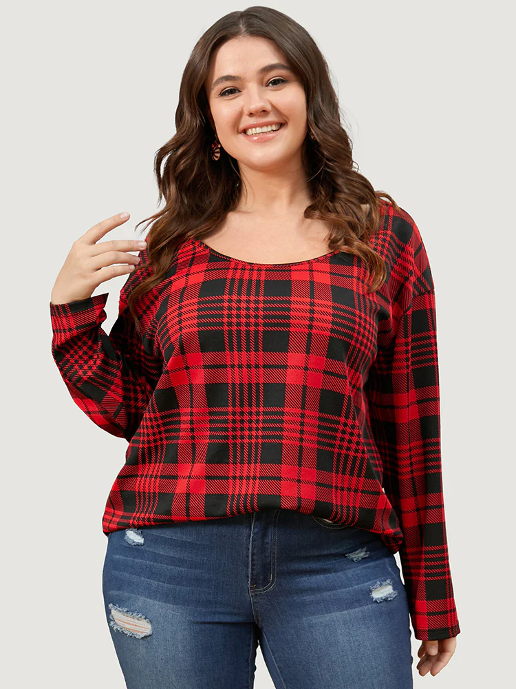 Plaid Round Neck Bell Sleeve Sweatshirt