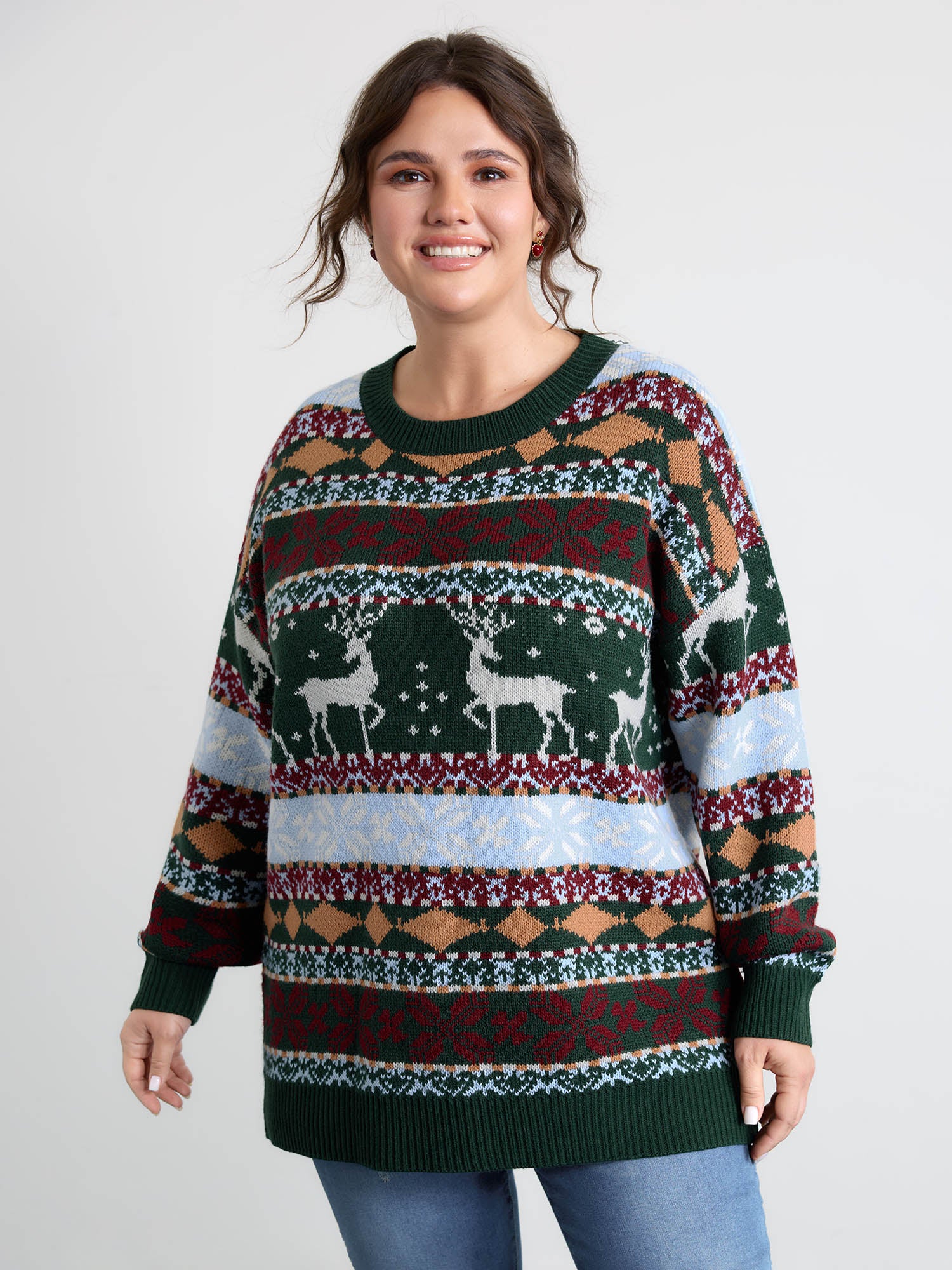 Elk Christmas Print Jacquard Ribbed Hem Pullover