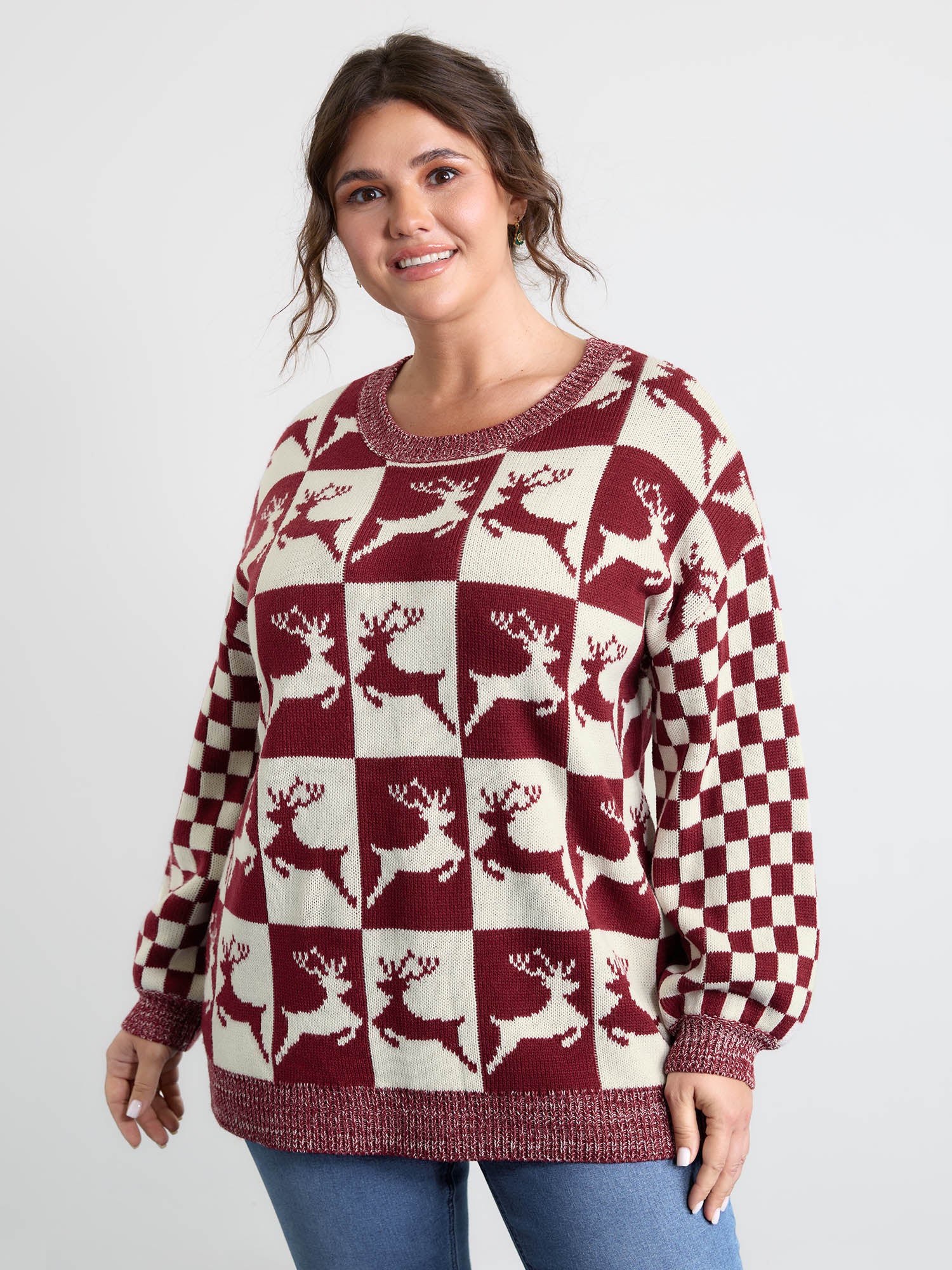 Checkered Colorblock Jacquard Reindeer Pullover