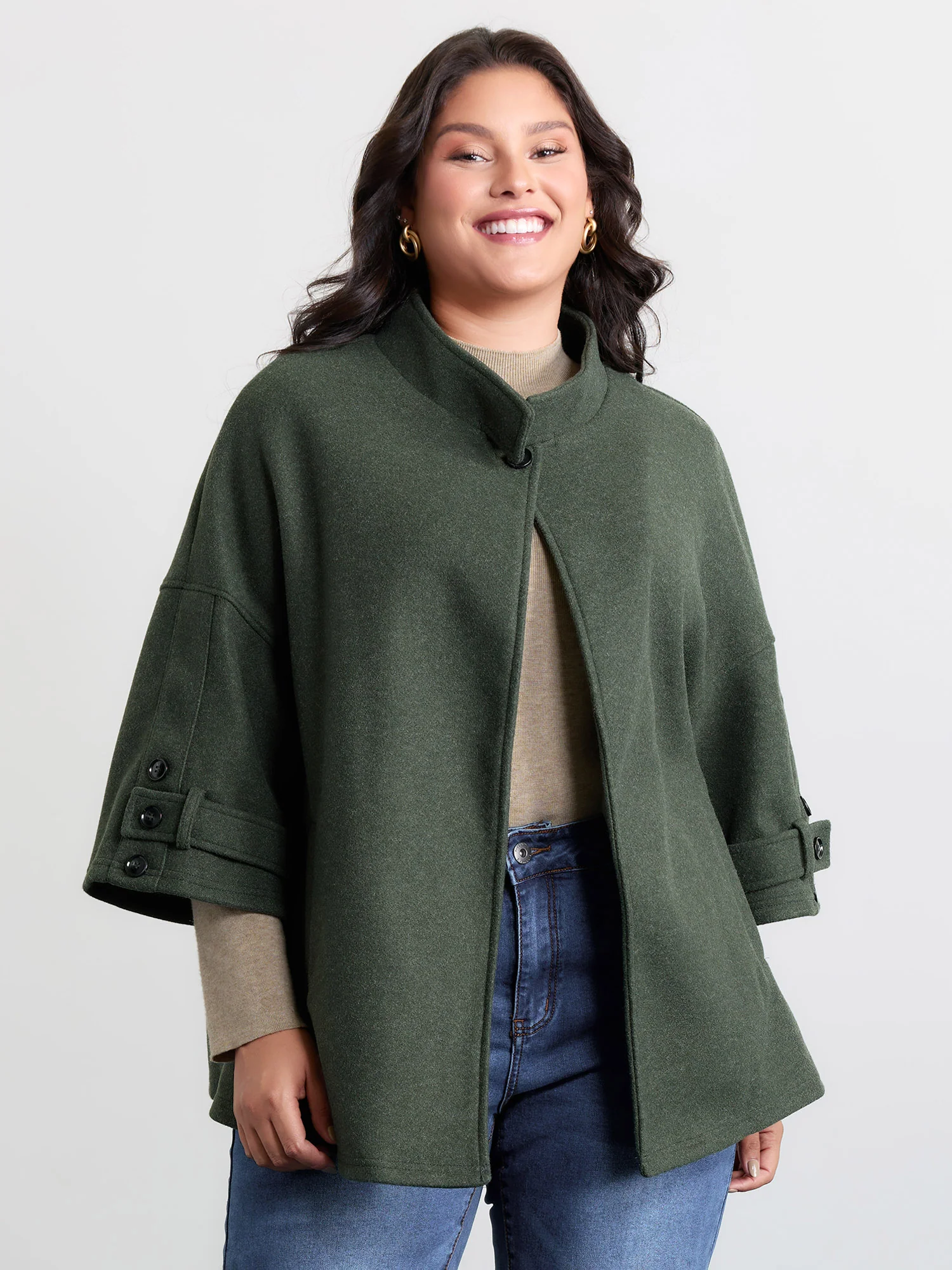 Rolled Button Sleeve Pockets Coat