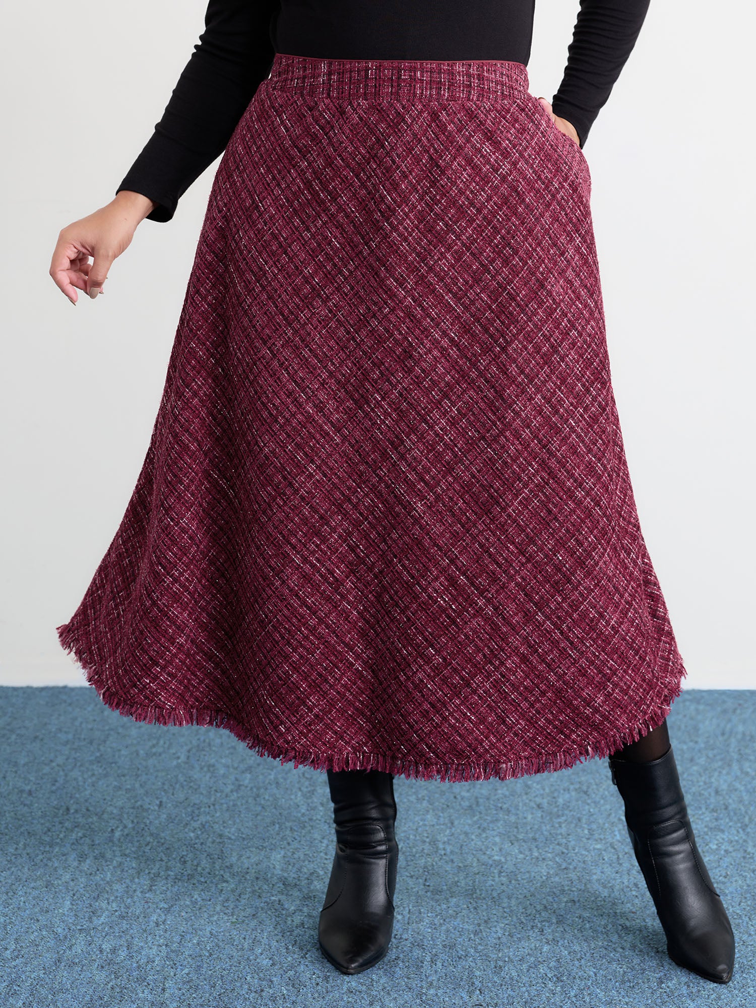 Tweed Fringe Hem Flowy Maxi Skirt