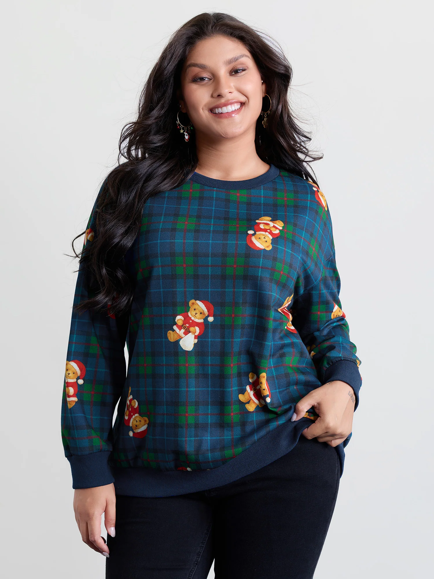 Holiday Bear Plaid Round Neck Sweatshirt