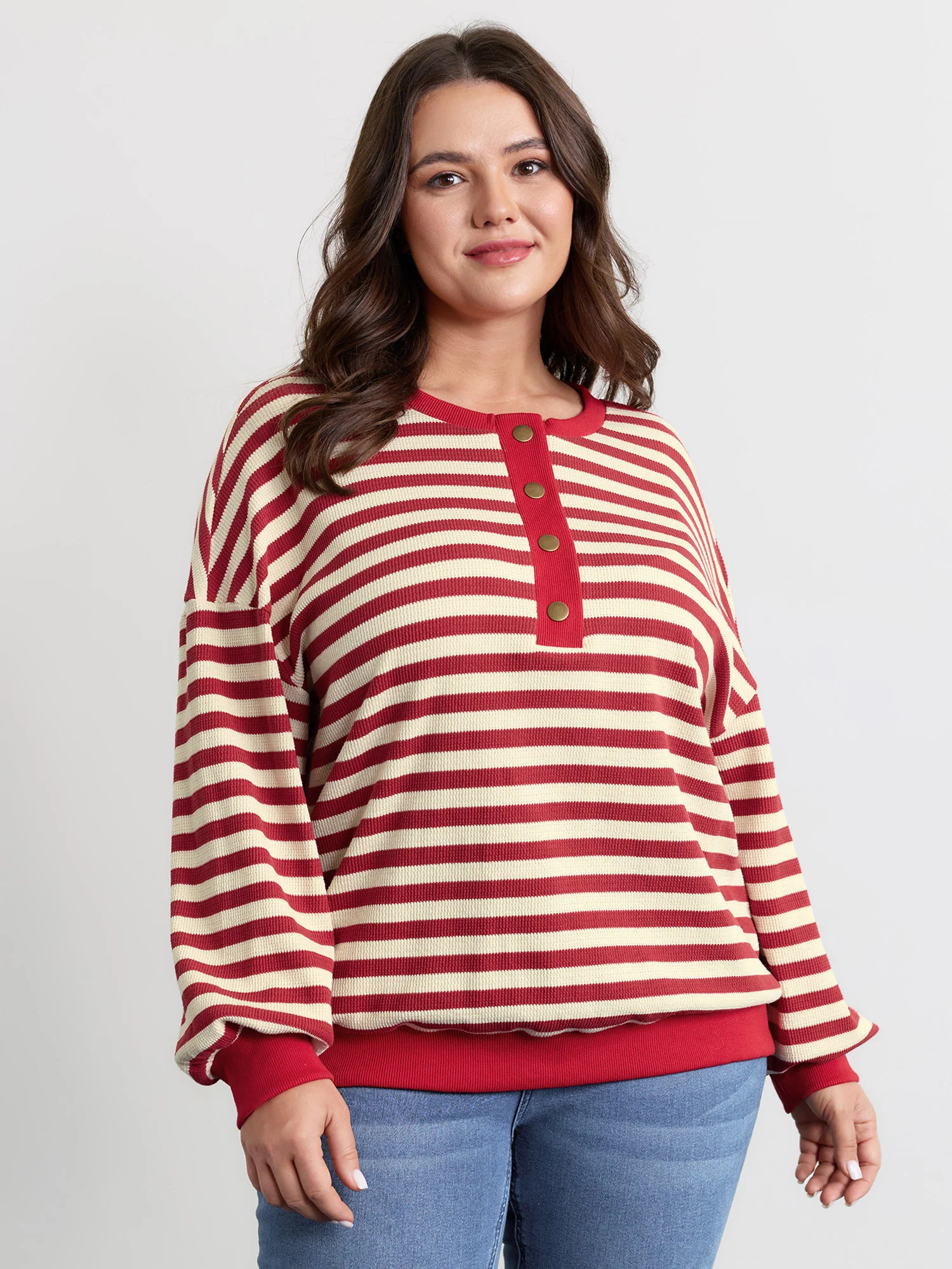 Textured Stripe Button Placket Sweatshirt