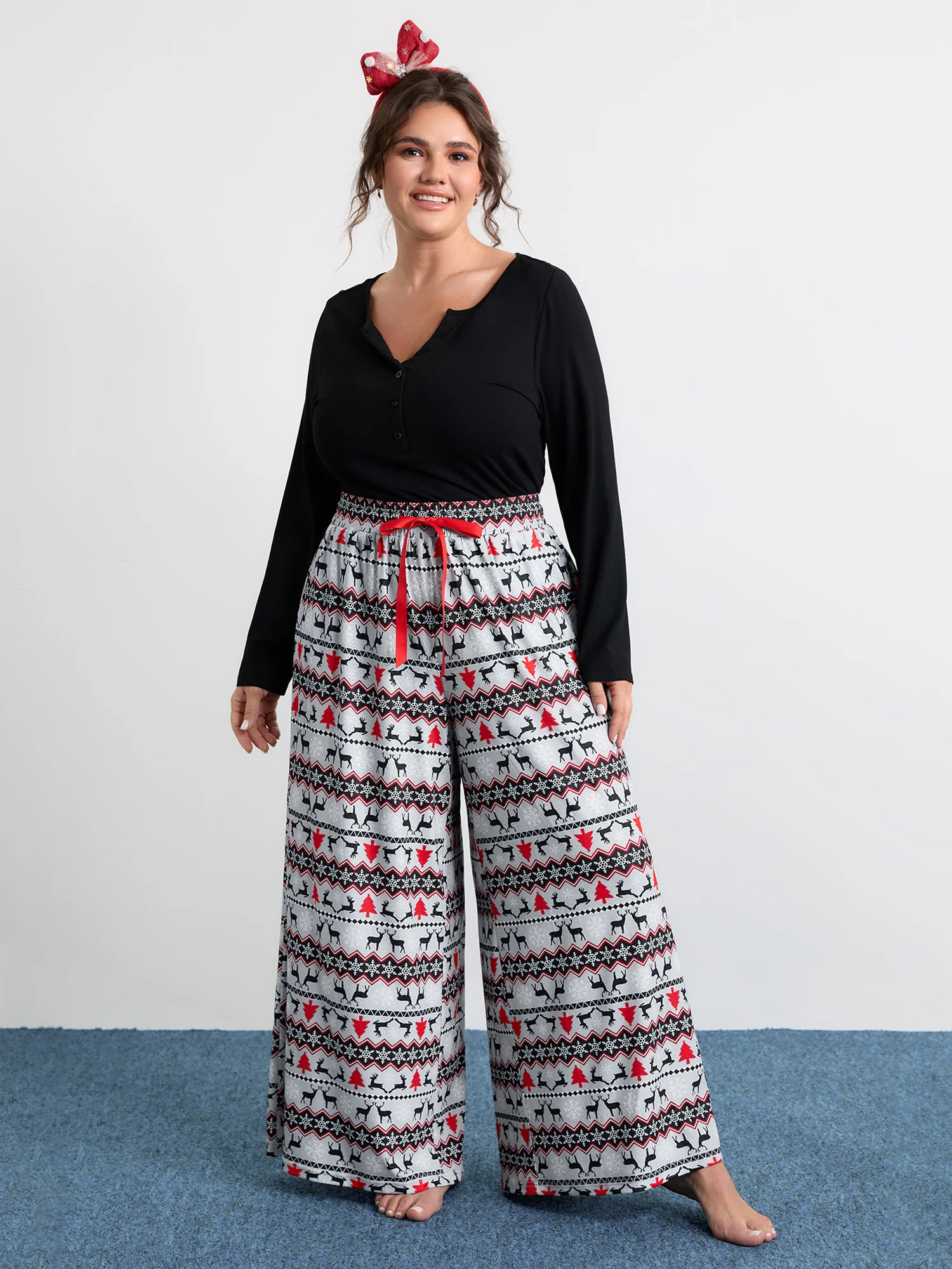 Festive Print Color Contrast Drawstring Lounge Bottoms
