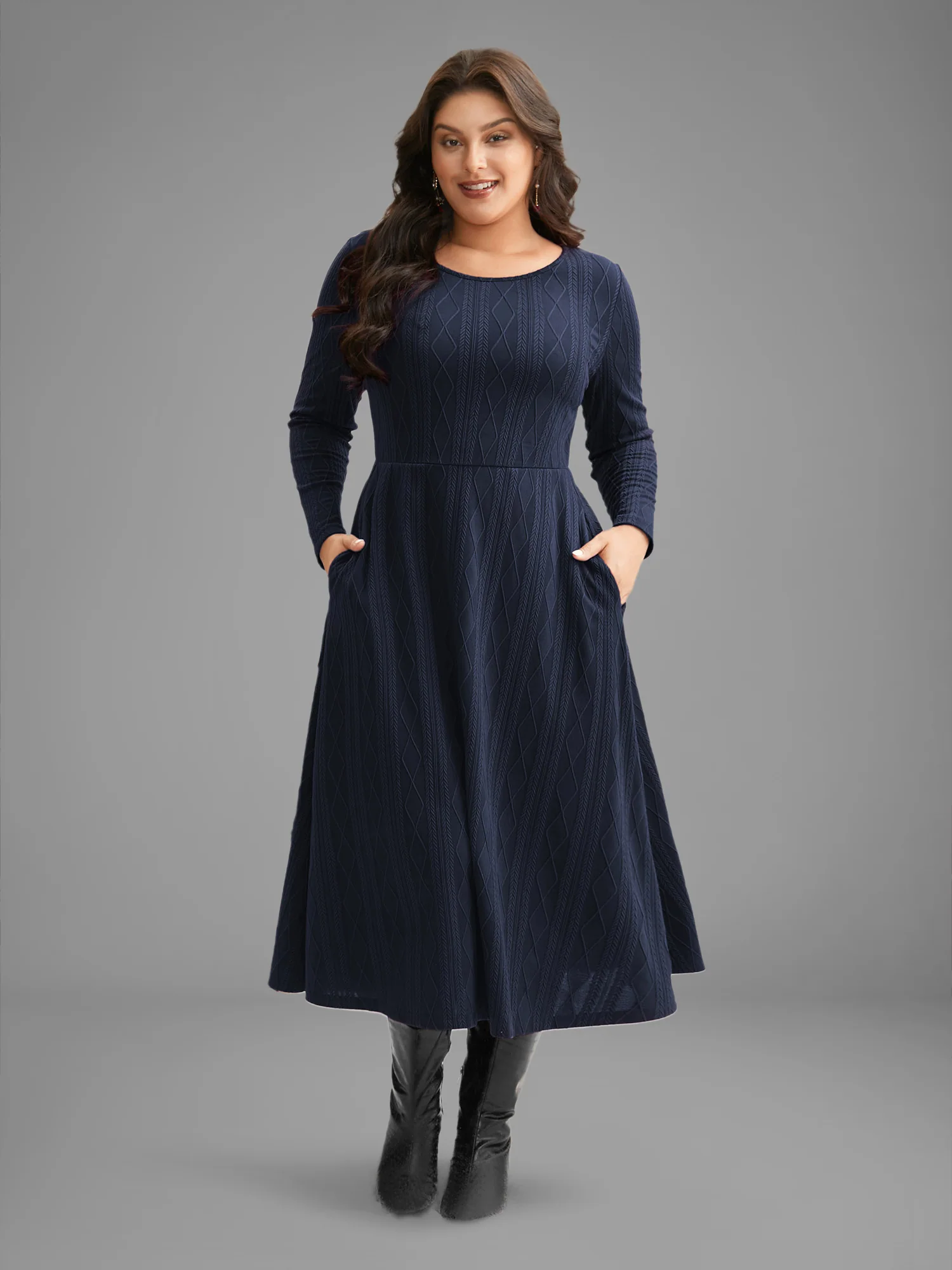 Textured Knit Fit-And-Flare Midi Dress