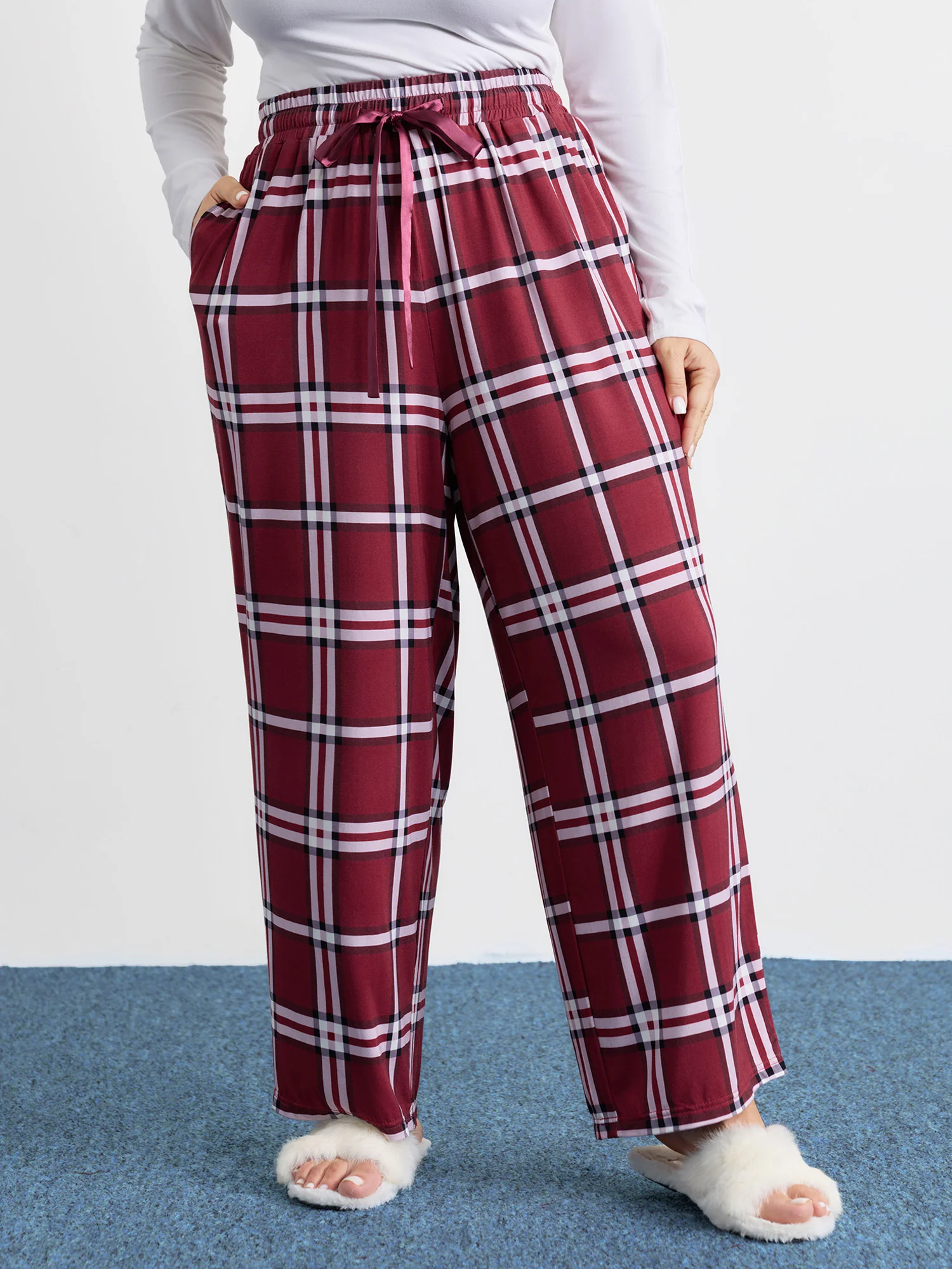 Plaid Drawstring Wide Waistband Lounge Bottoms