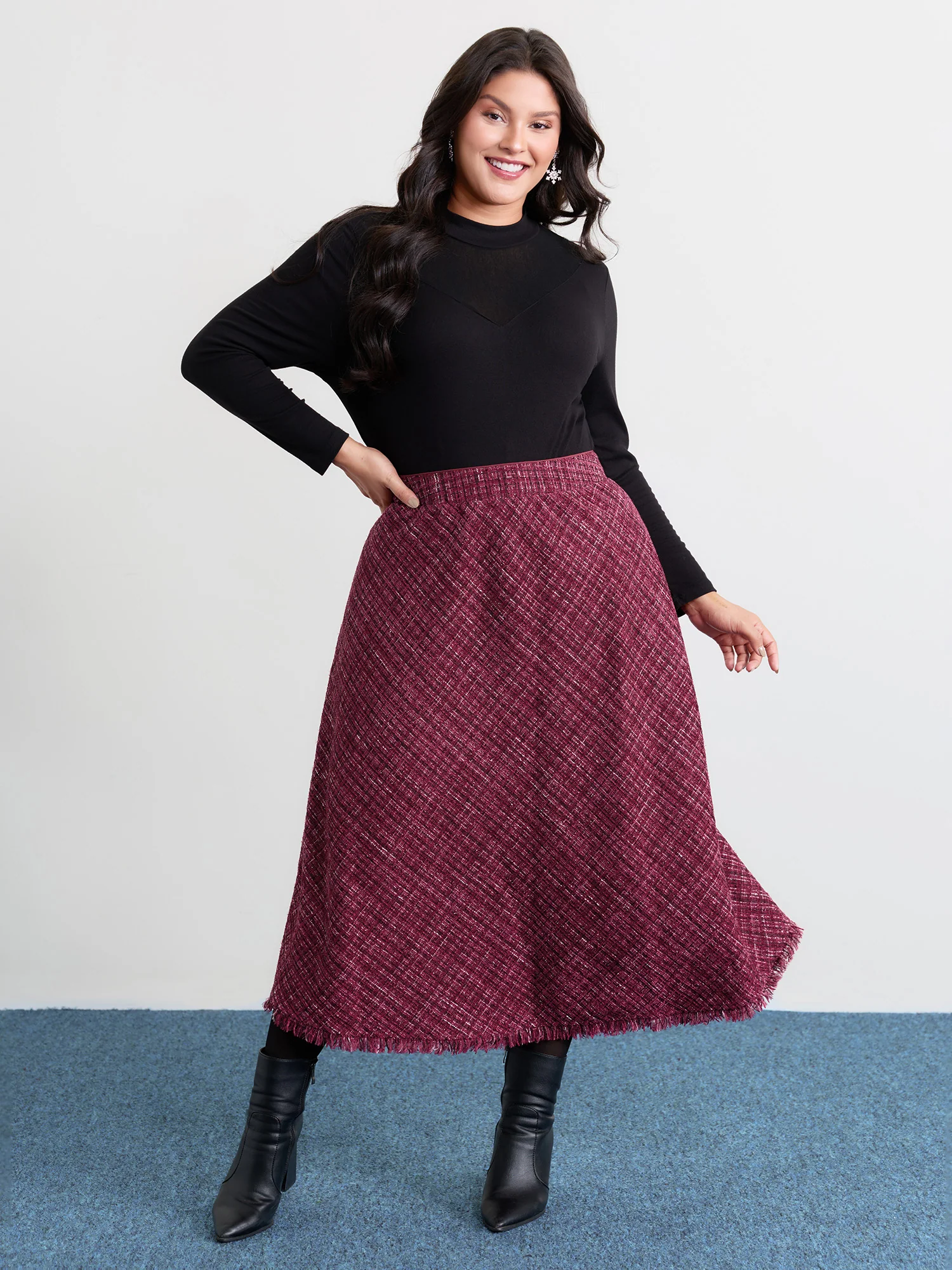 Tweed Fringe Hem Flowy Maxi Skirt