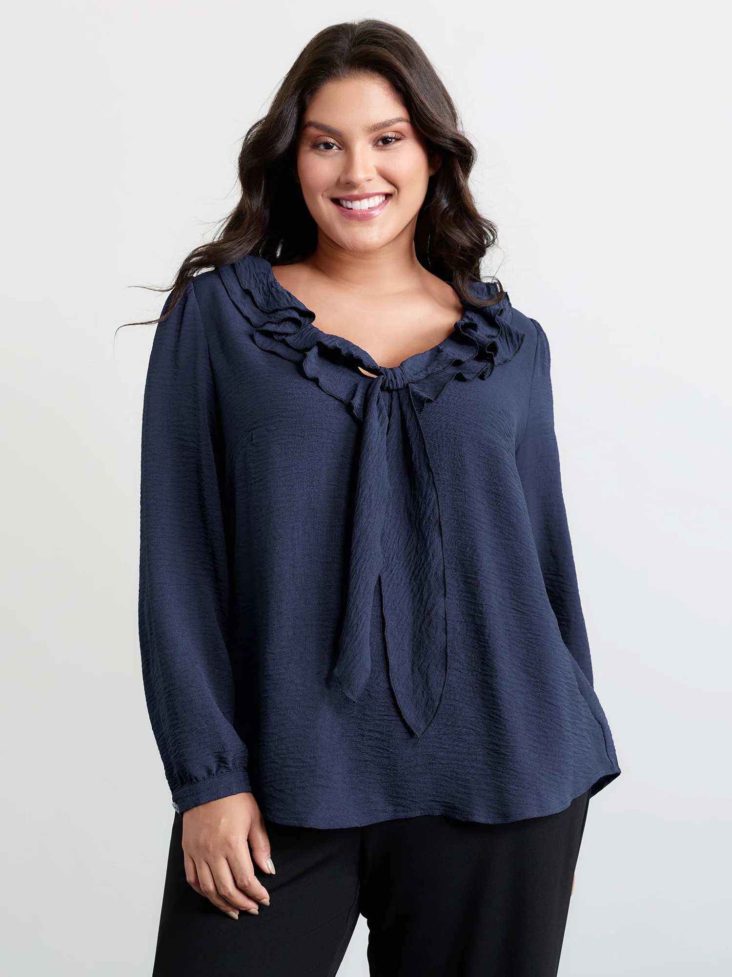 Ruffled Ribbon Neckline Pleated Blouse