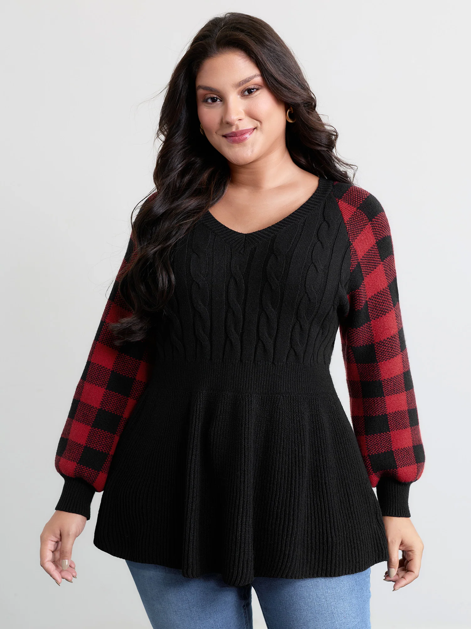 Supersoft Check Jacquard Cableknit Cinched-Waist Pullover