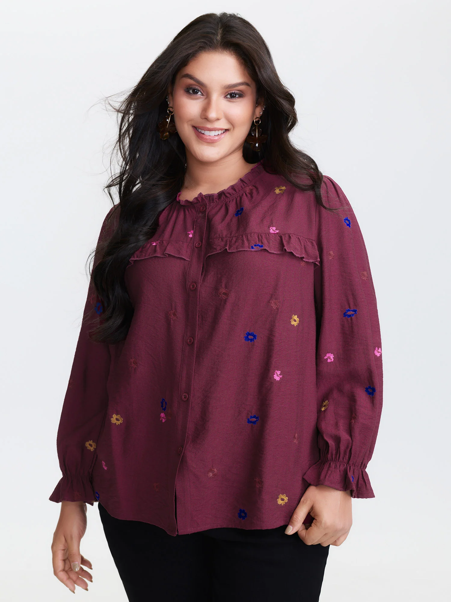 Colorful Floral Embroidery Button Shirt
