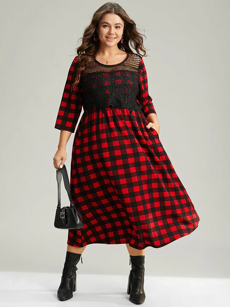 Christmas Plaid Crochet Lace Mesh Cut Out Dress