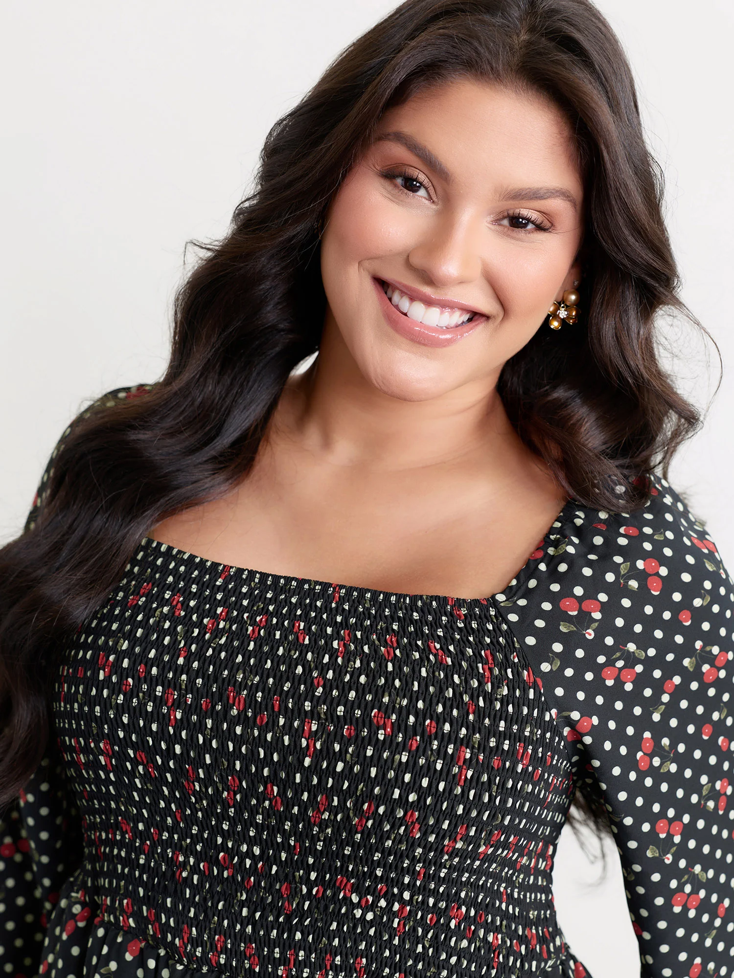 Polka Dots Cherry Shirred Bodice Knee Dress