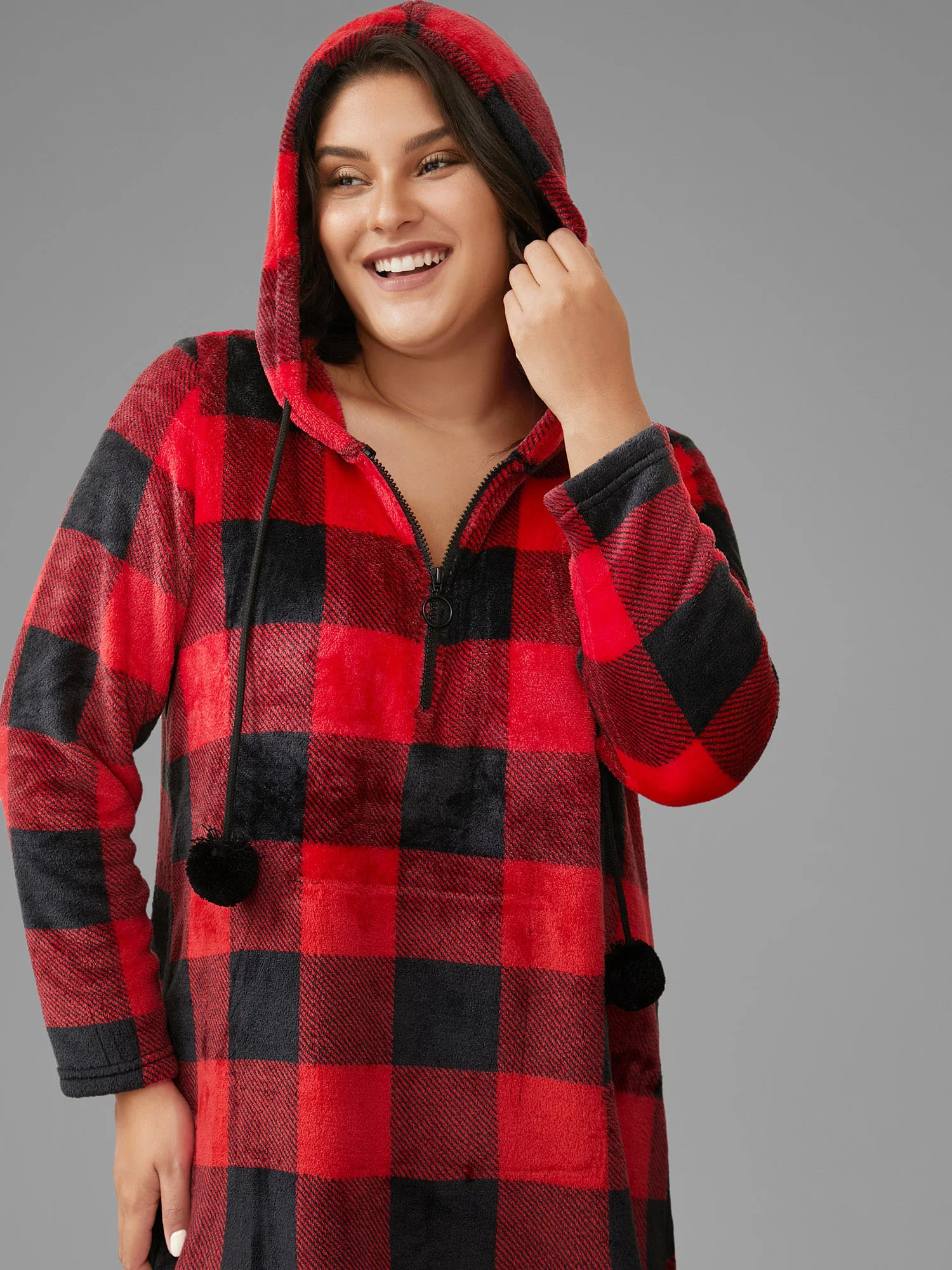 Checkered Hooded Flannel Sleep Midi Dress