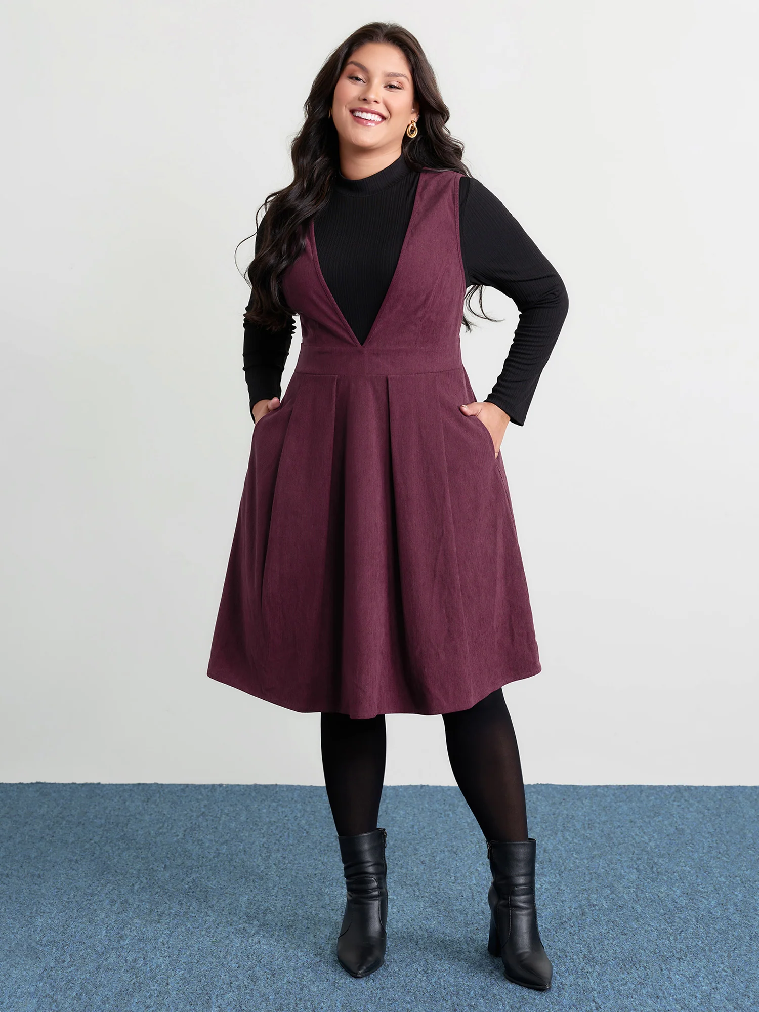 Corduroy Stretchy Waist V-Neck Midi Dress