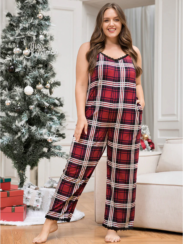 Plaid Pocket Lace Trim Cami Jumpsuit
