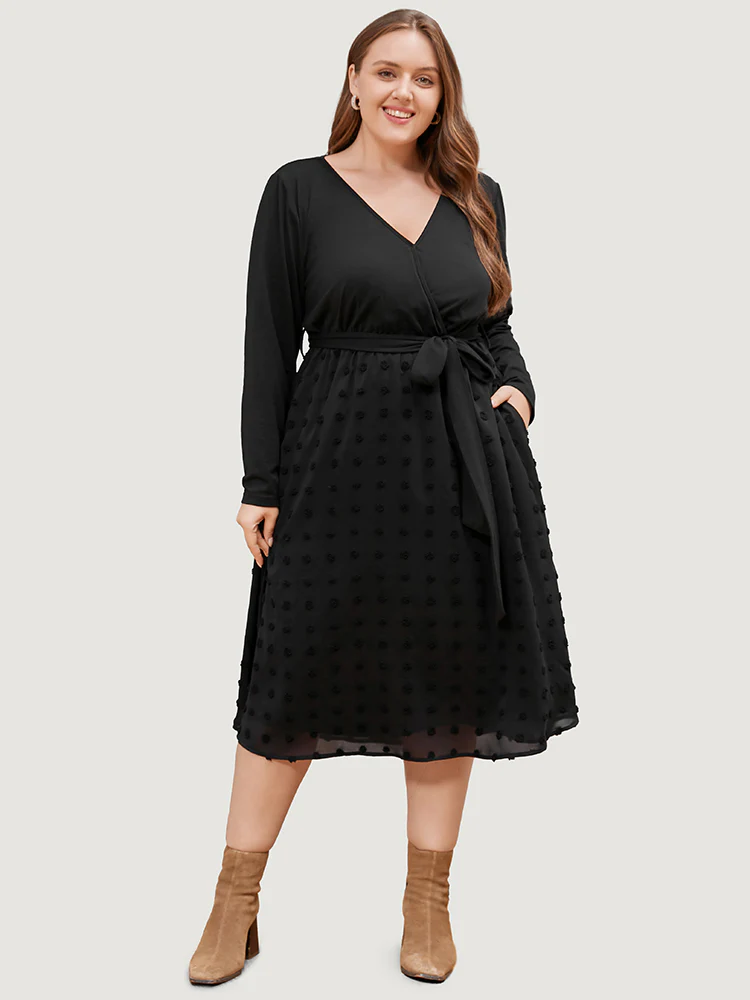 Solid Surplice Neck Pocket Mesh Patchwork Belted Dress