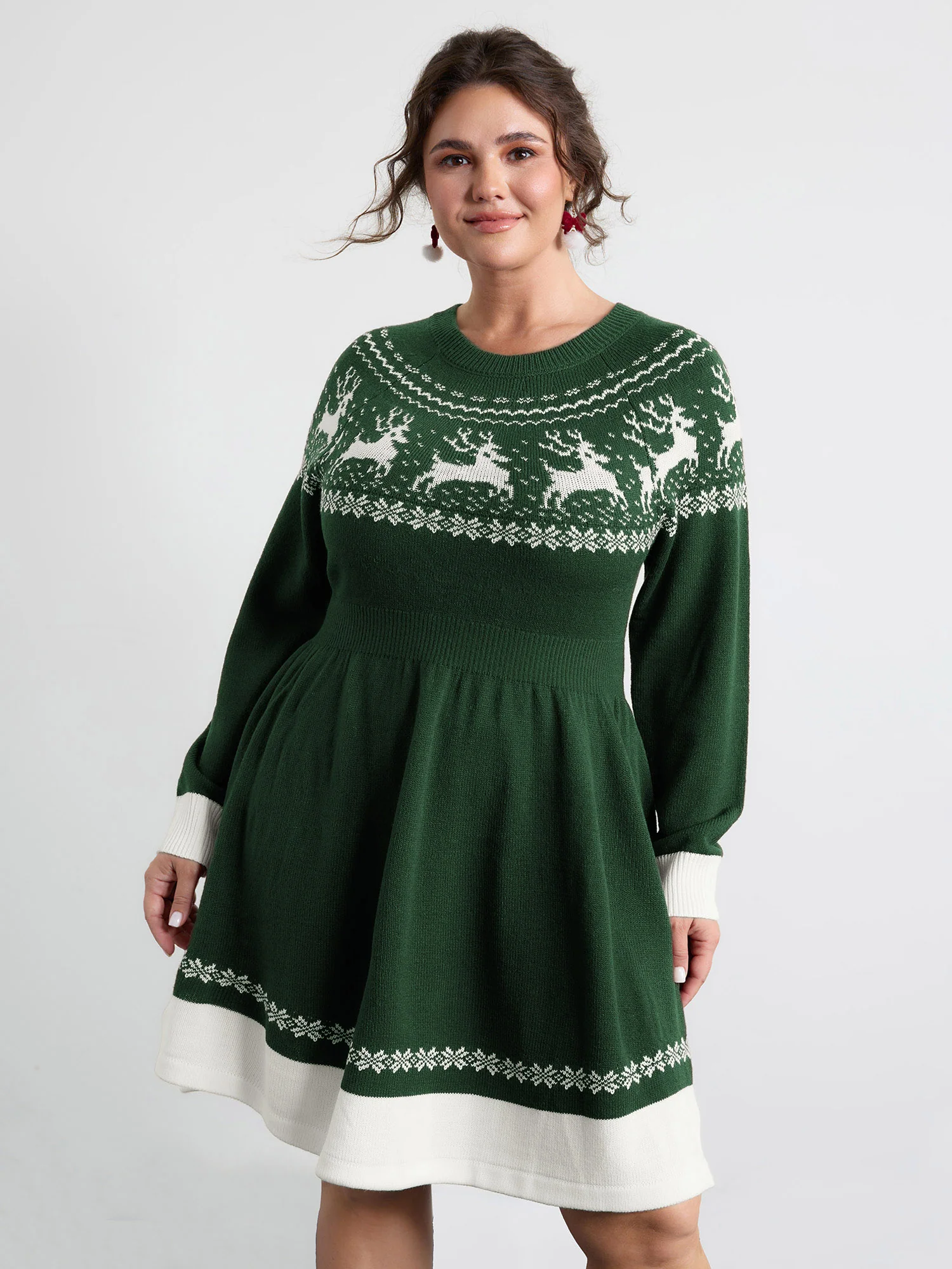 Reindeer Print Cinched-Waist Sweater Midi Dress