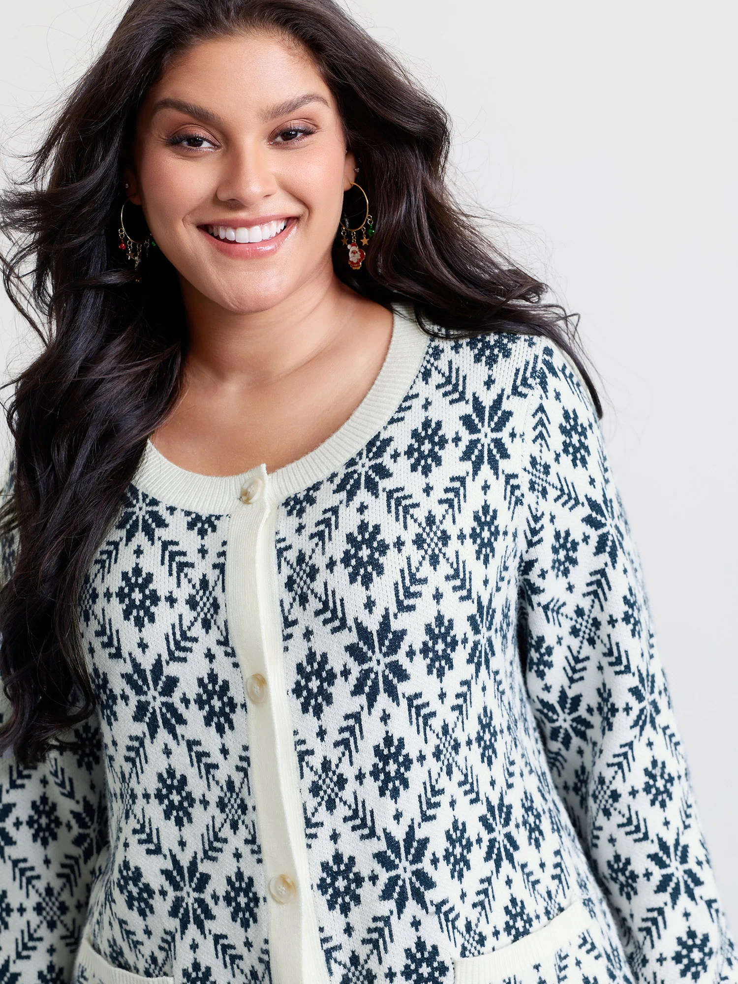 Supersoft Snowflake Jacquard Pattern Pockets Knit Cardigan