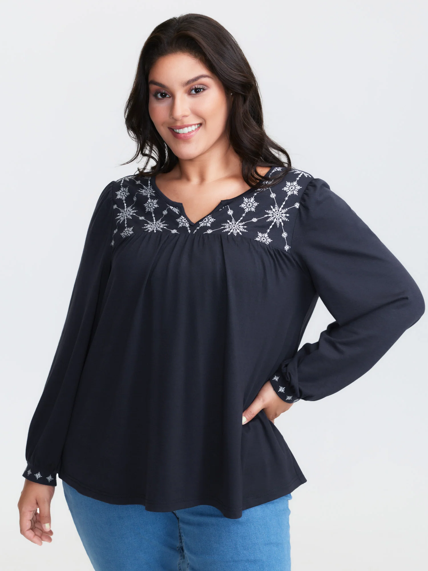 Holiday Embroidered Neckline Pleated Knit Top