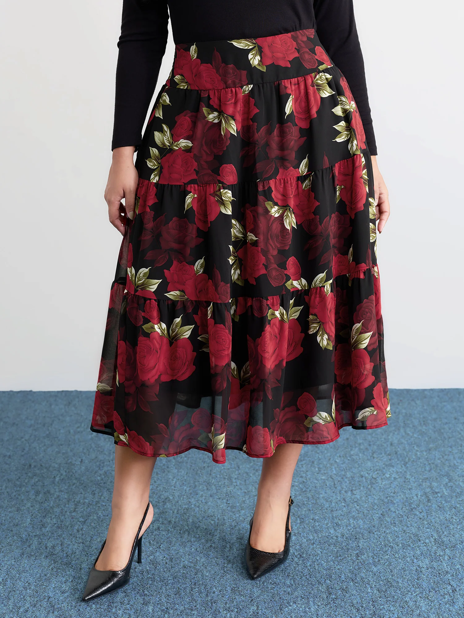Large Flower Print Wide Waistband Midi Skirt