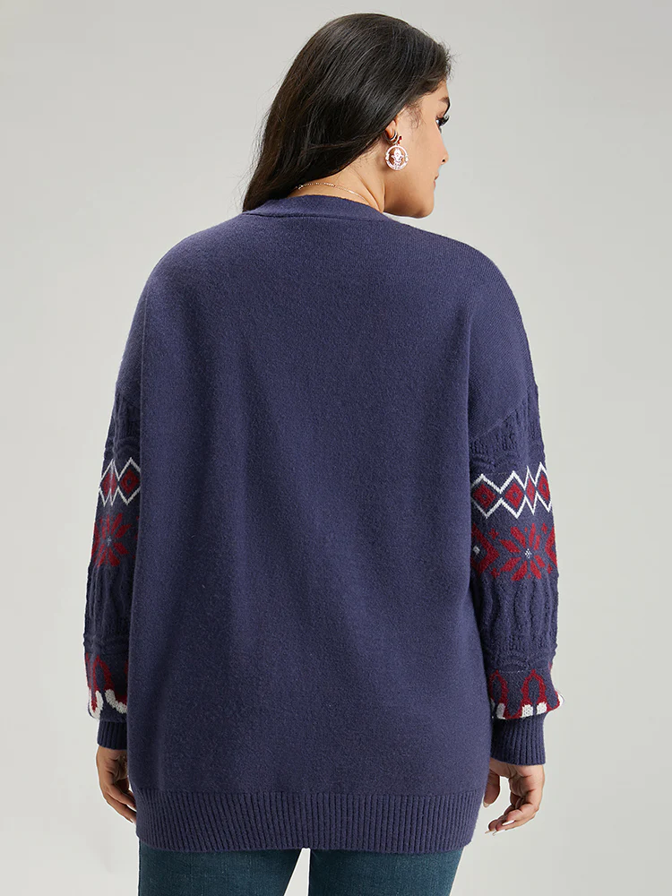 Geometric Graphic Contrast Elastic Cuffs Button Up Cardigan