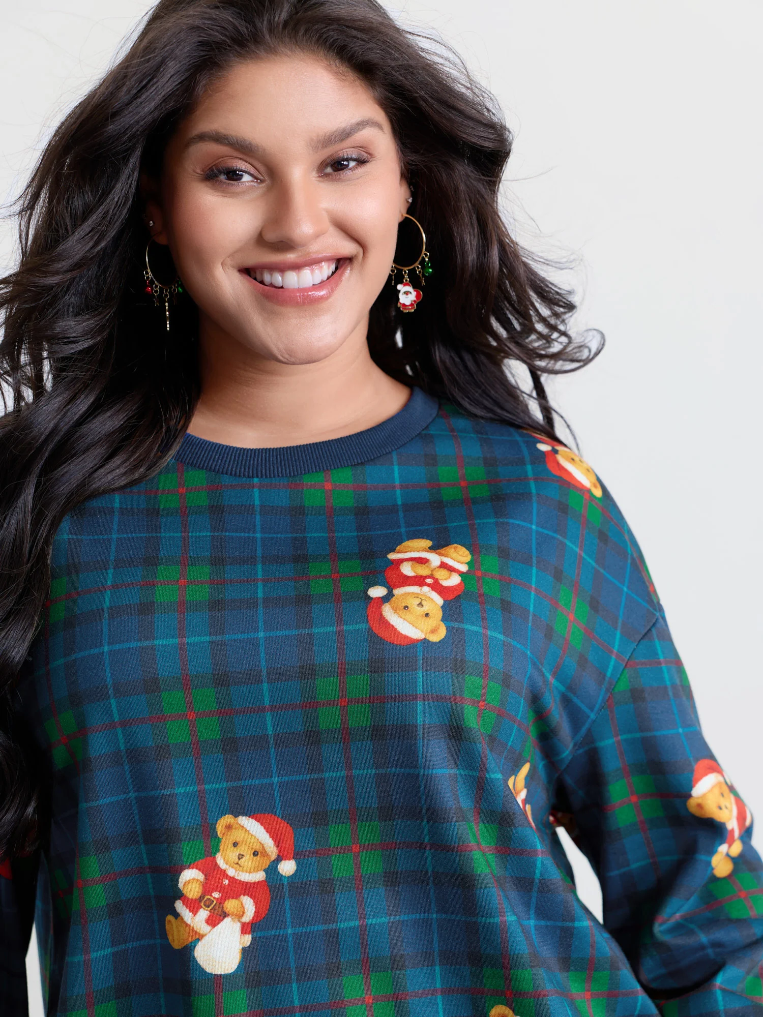 Holiday Bear Plaid Round Neck Sweatshirt
