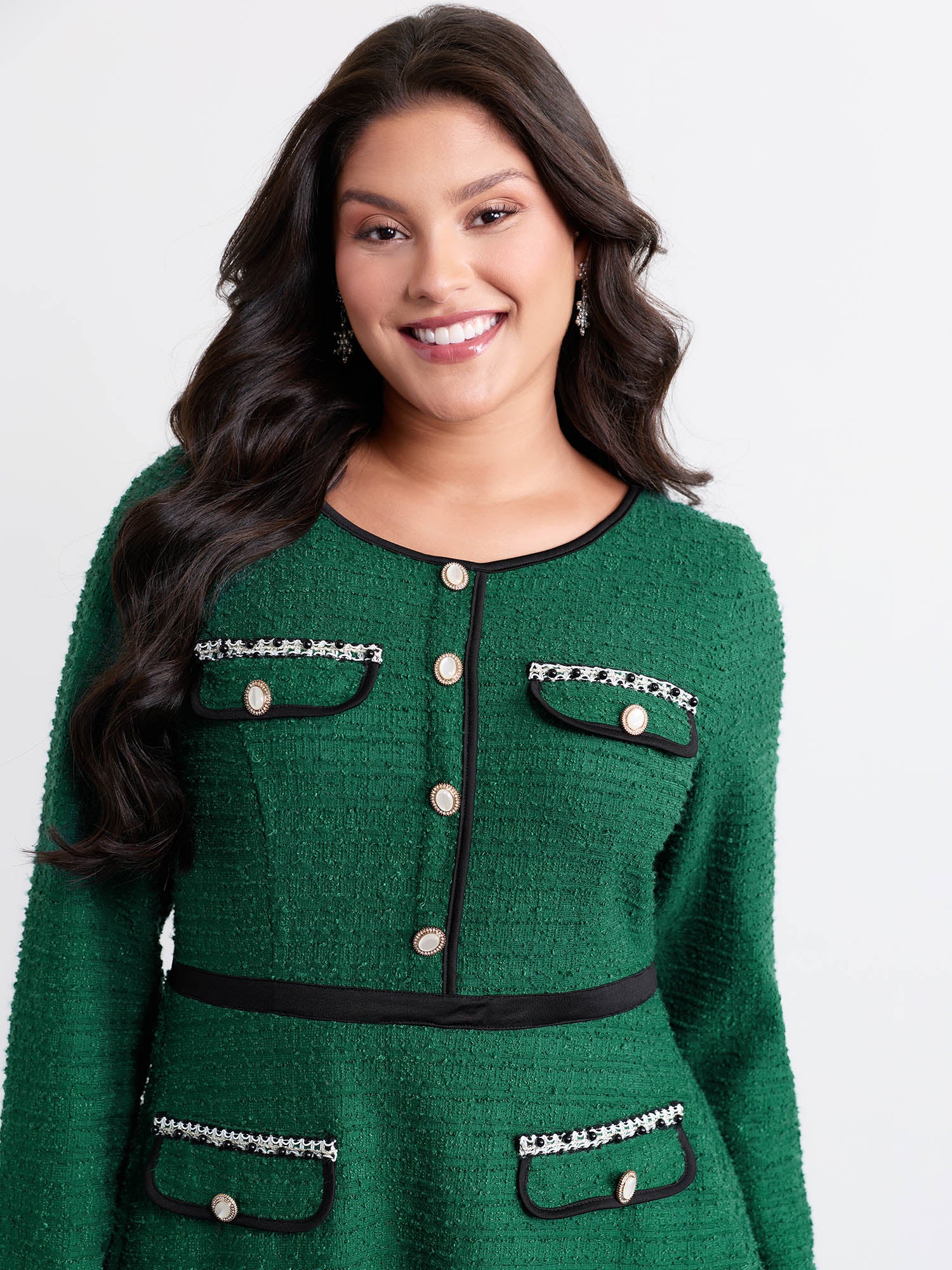 Tweed Stretchy Waist Color Contrast Midi Dress