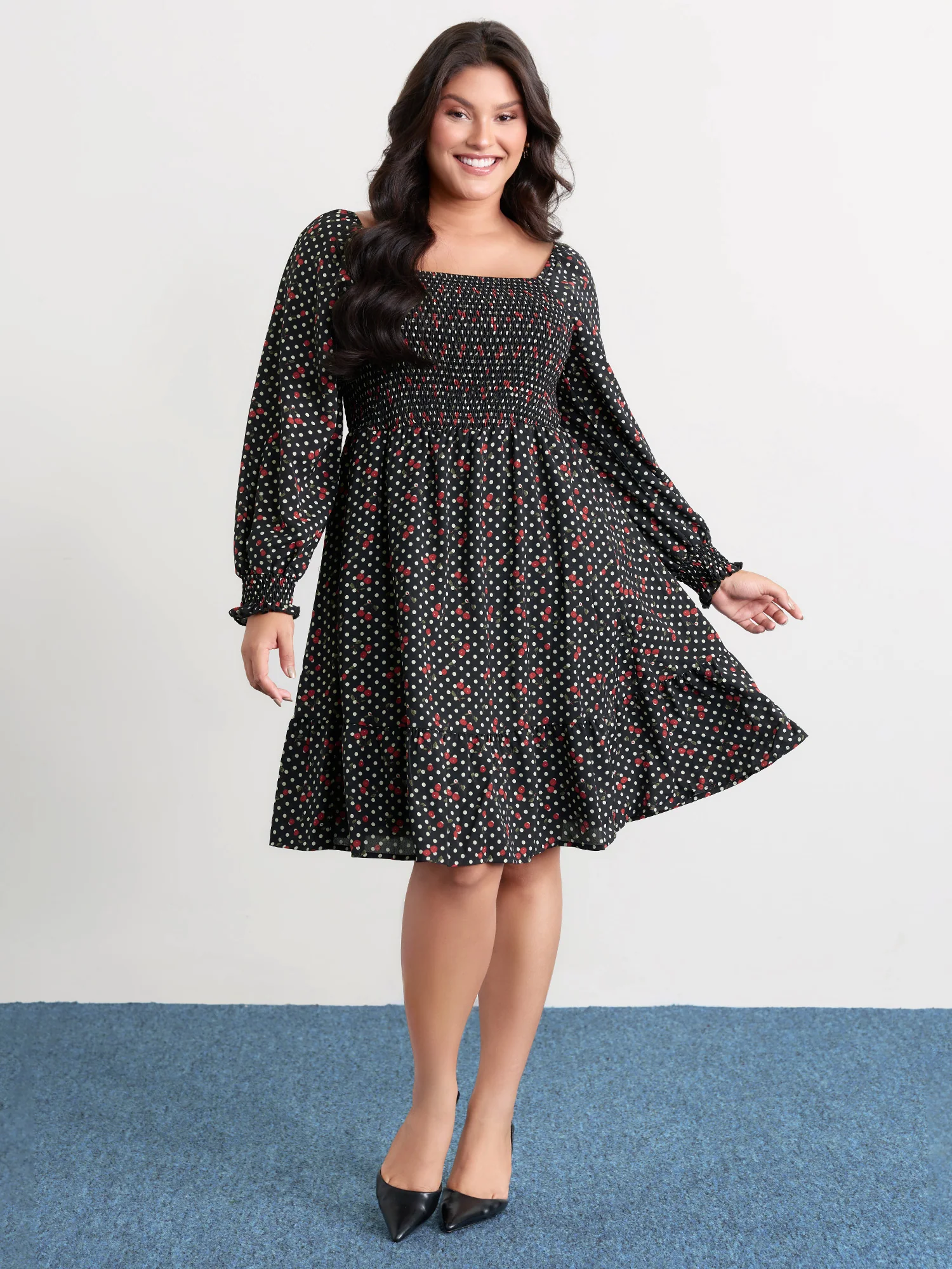 Polka Dots Cherry Shirred Bodice Knee Dress
